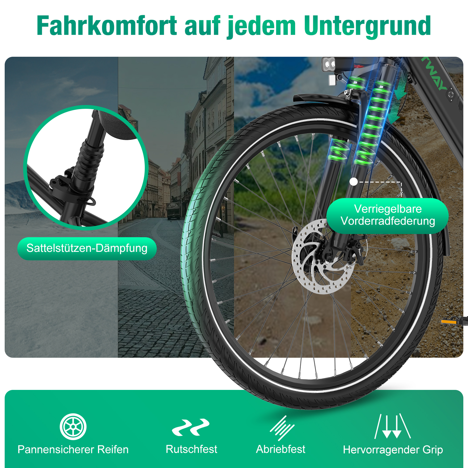 Fahrrad mit Federung und Reifen. Komfort auf jedem Untergrund.