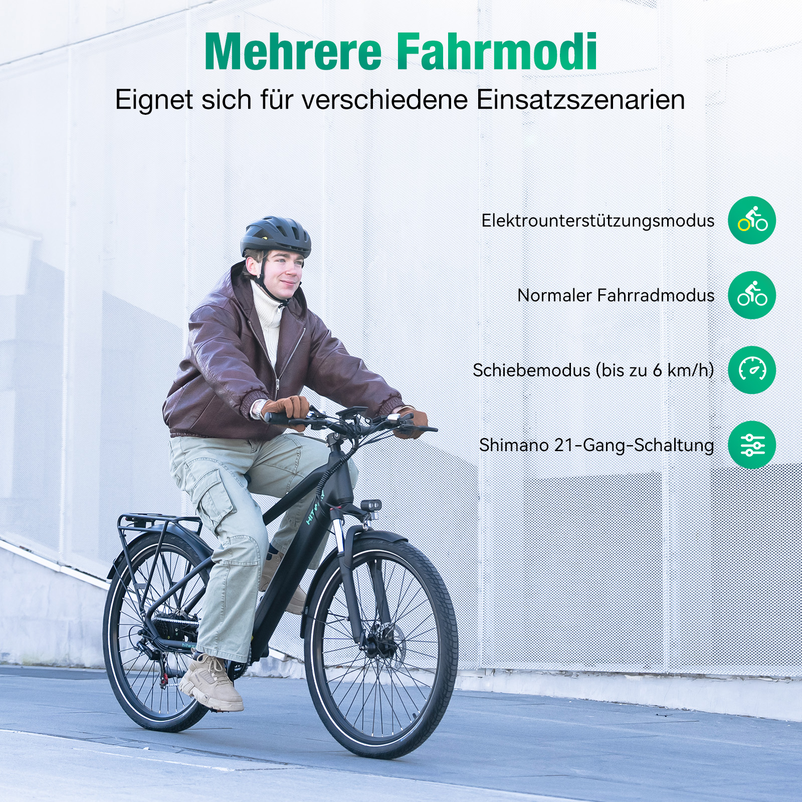 Mann fährt E-Bike mit Helm und brauner Jacke, verschiedene Fahrmodi werden gezeigt.