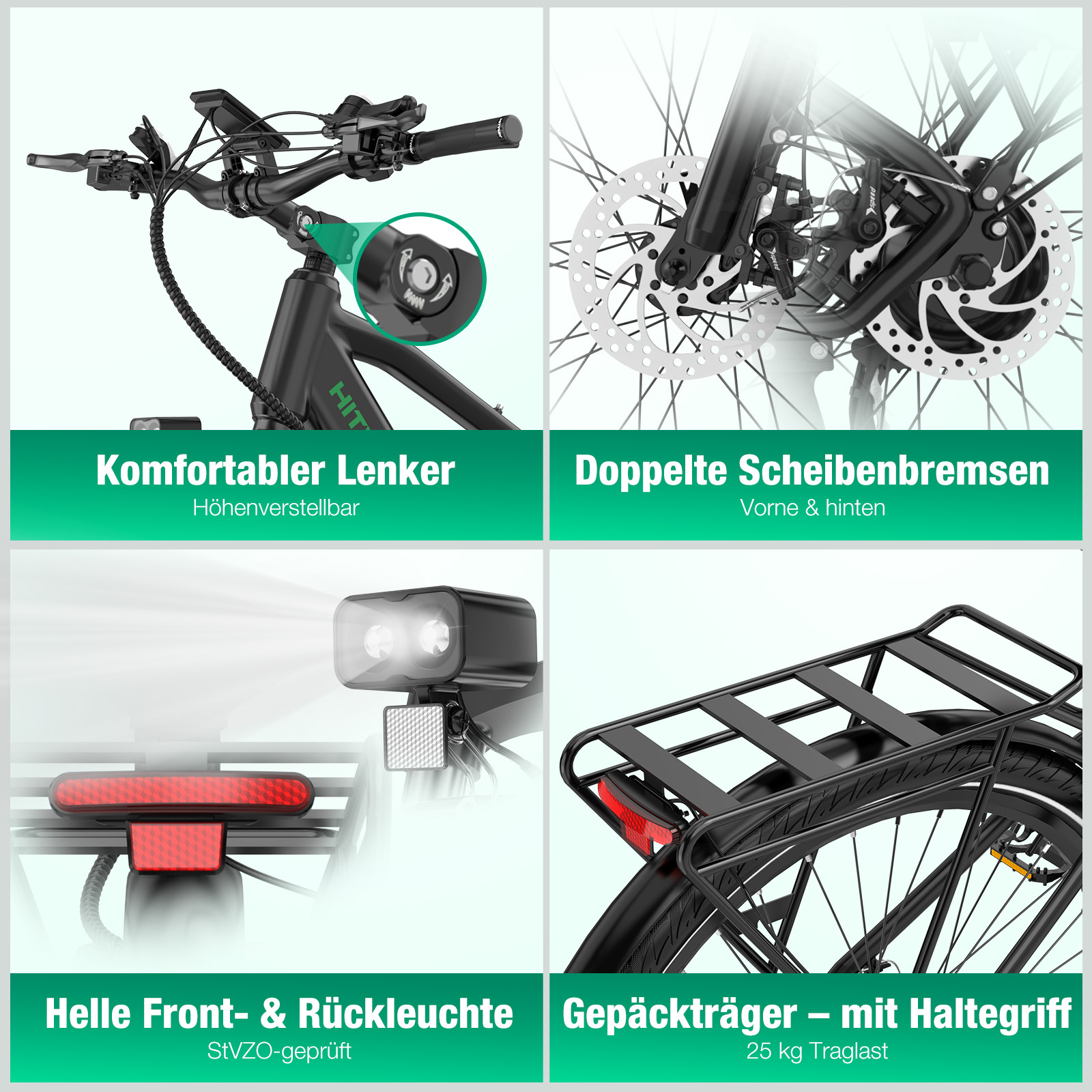 Vier Bilder eines Fahrrads: Lenker, Bremsen, Licht und Gepäckträger.