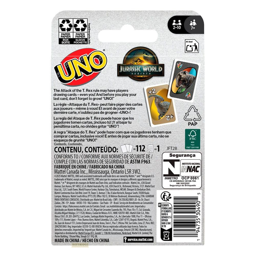 UNO Jurassic World Brettspiel mit Spielkarten und Anweisungen auf der Verpackung.