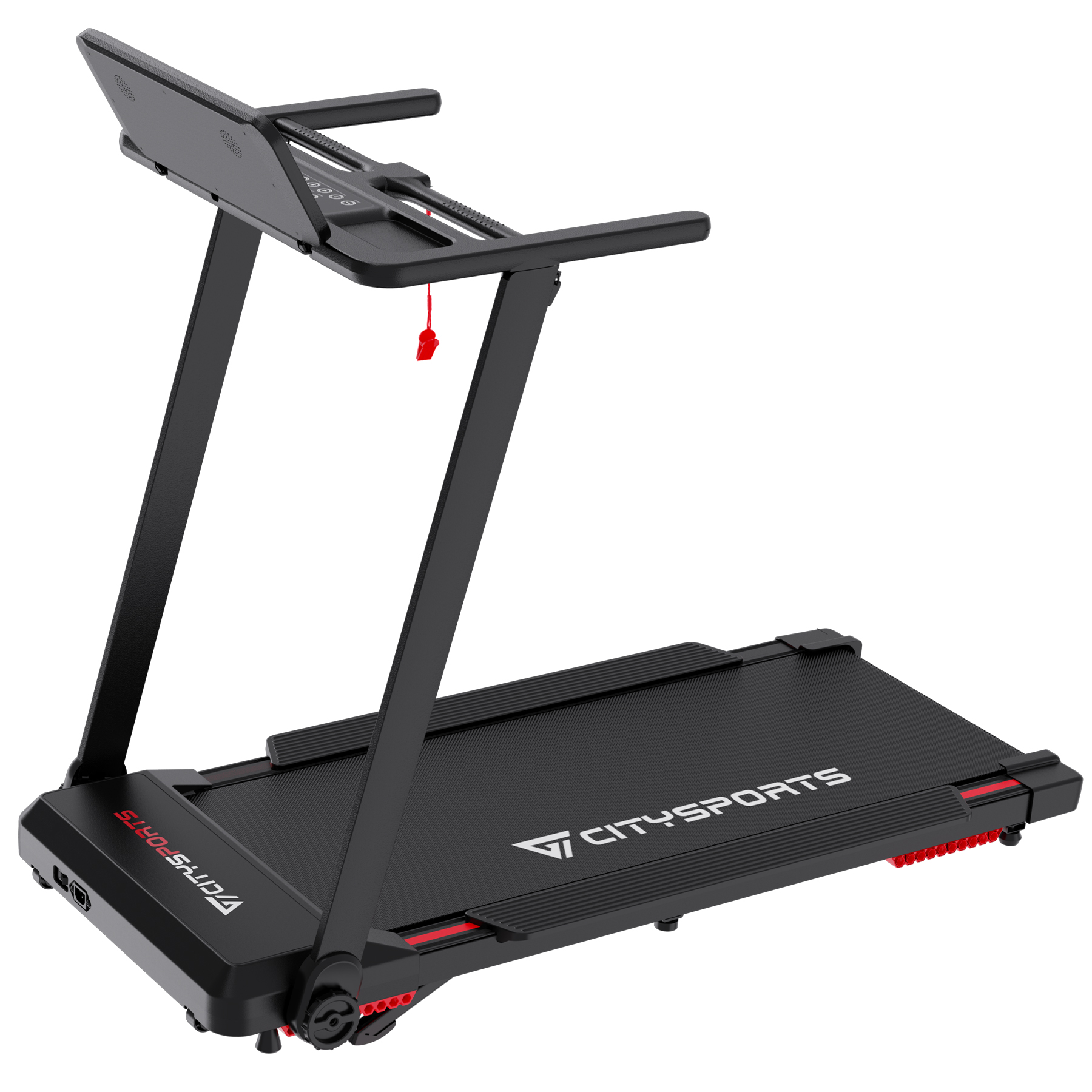 Czarna bieżnia z czerwonym kablem awaryjnego zatrzymania i srebrnym logo.