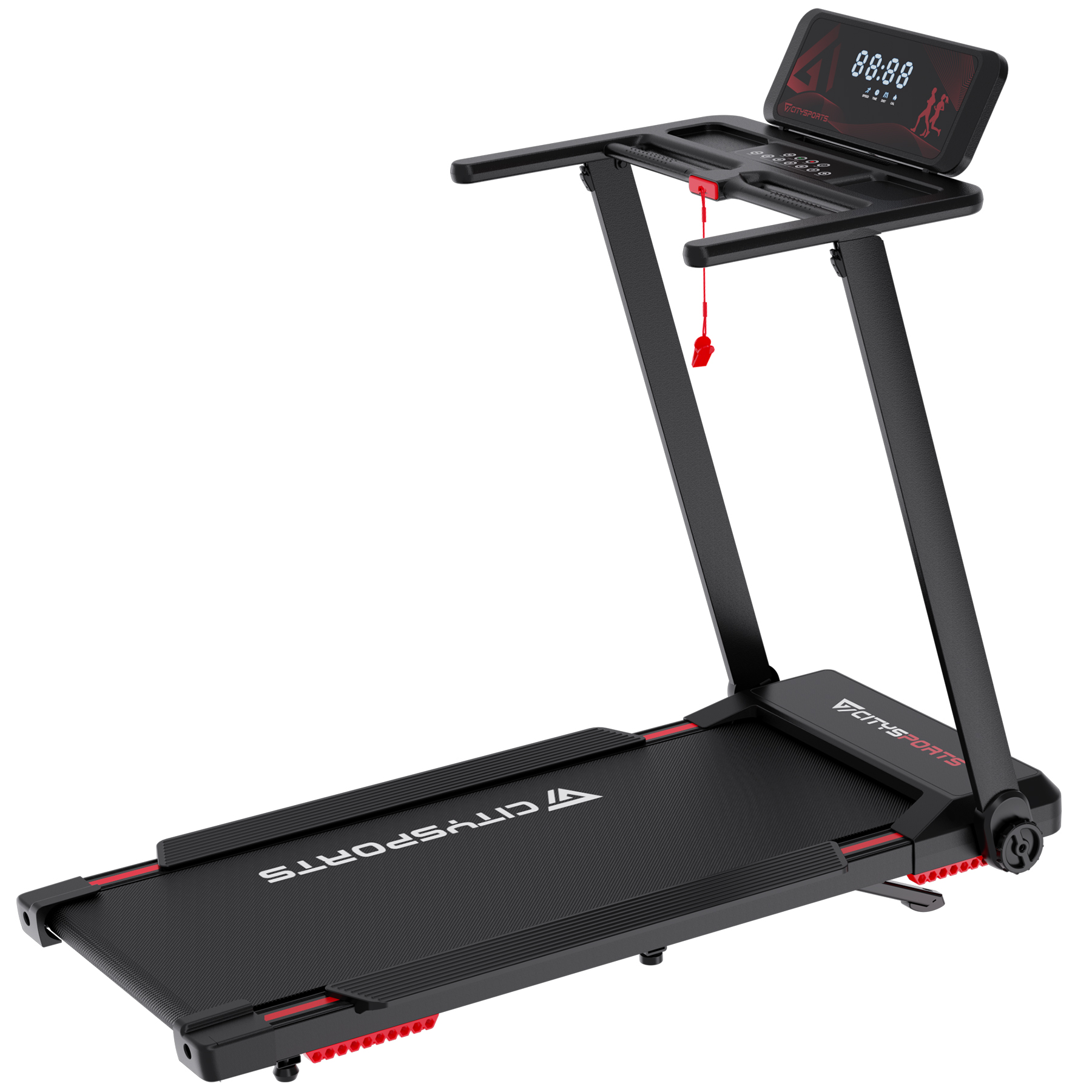 Czarna bieżnia z czerwonymi akcentami, cyfrowy wyświetlacz pokazuje czas i prędkość.