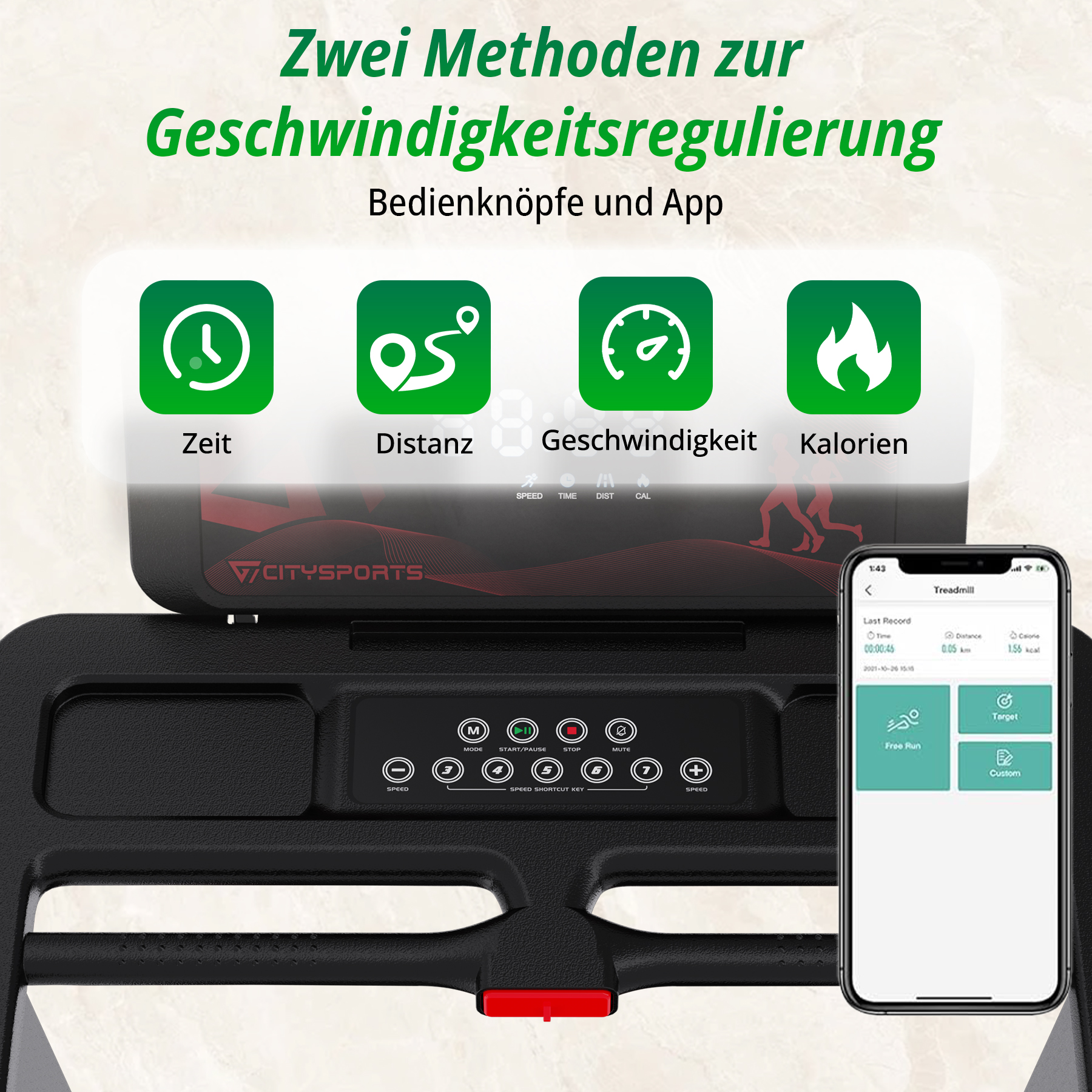 Laufband-Display mit Icons für Zeit, Distanz, Geschwindigkeit und Kalorien, daneben ein Smartphone mit App.