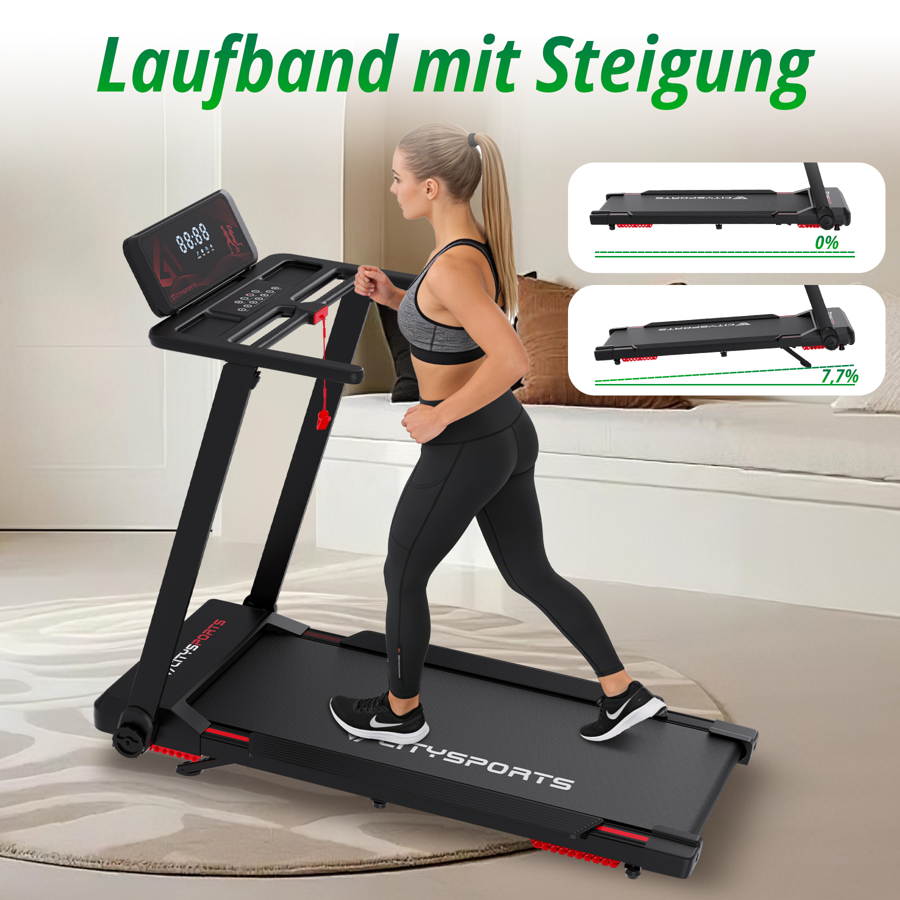 Frau läuft auf einem schwarzen Laufband mit Steigungsanzeigen.