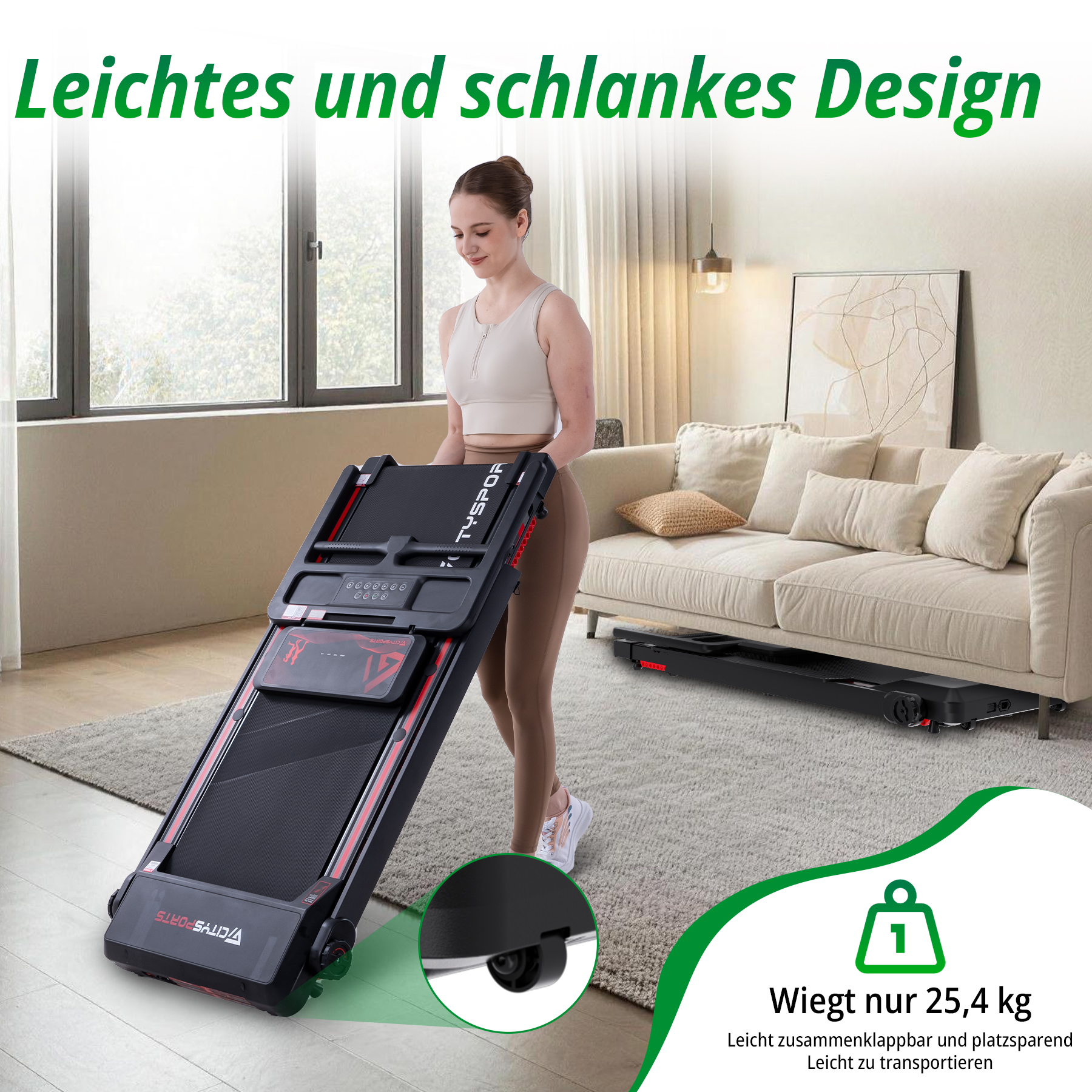 Frau mit schmalem Laufband in modernem Wohnzimmer. Leichter Transport.