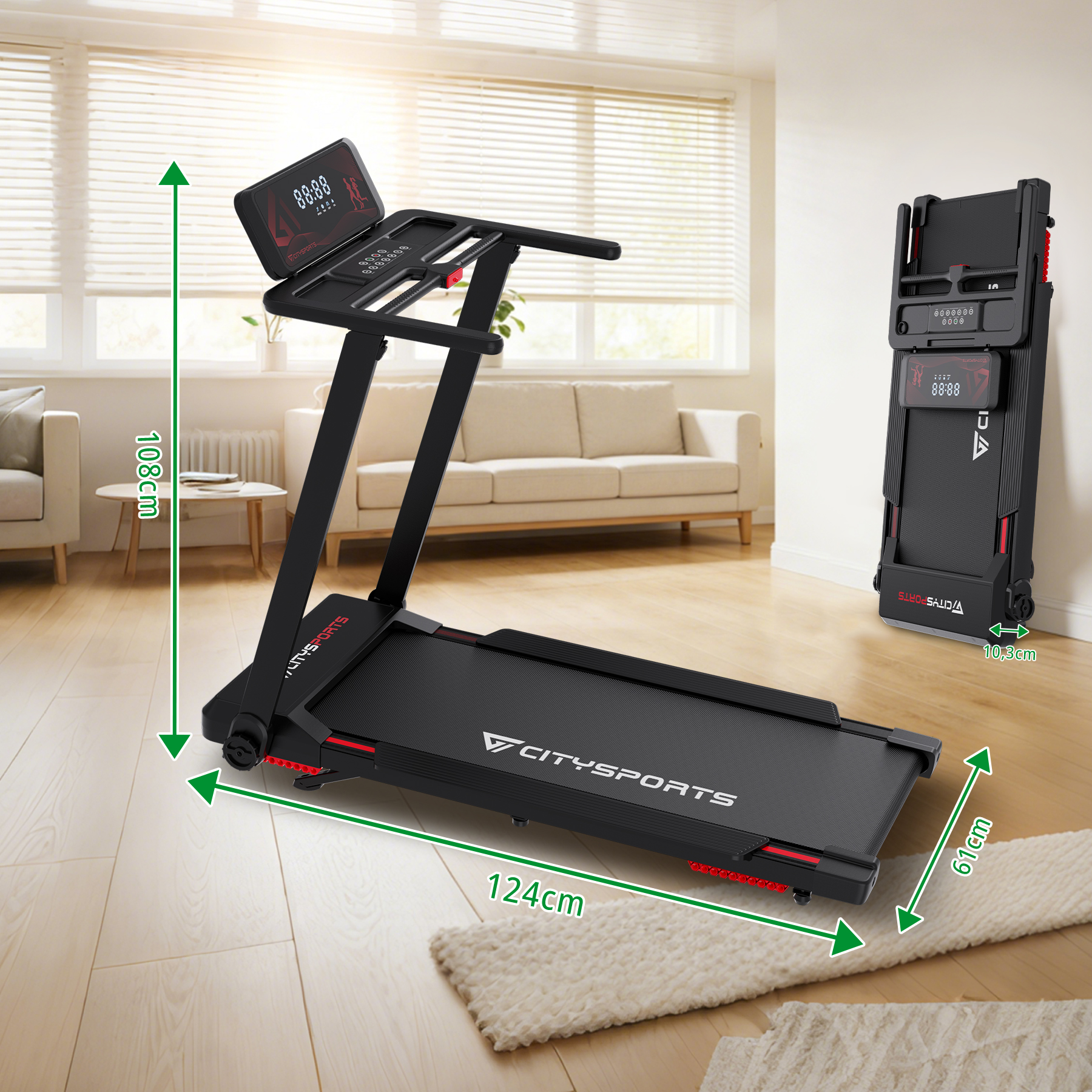 Czarna bieżnia z wyświetlaczem, wymiary 124x61cm, również złożona.