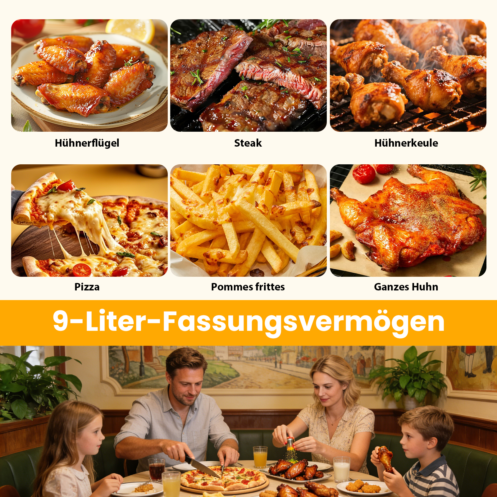 Sechs Bilder mit Essen: Hühnerflügel, Steak, Hühnerkeule, Pizza, Pommes, ganzes Huhn.