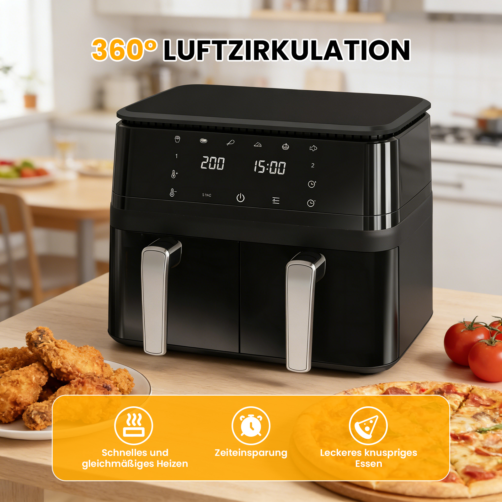 Schwarzer Doppel-Heißluftfritteuse mit digitalem Display, daneben Hähnchen und Tomaten.