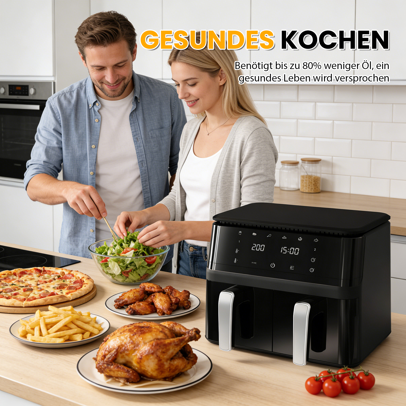 Ein Paar bereitet in der Küche ein gesundes Essen zu, daneben eine Heißluftfritteuse und Speisen.