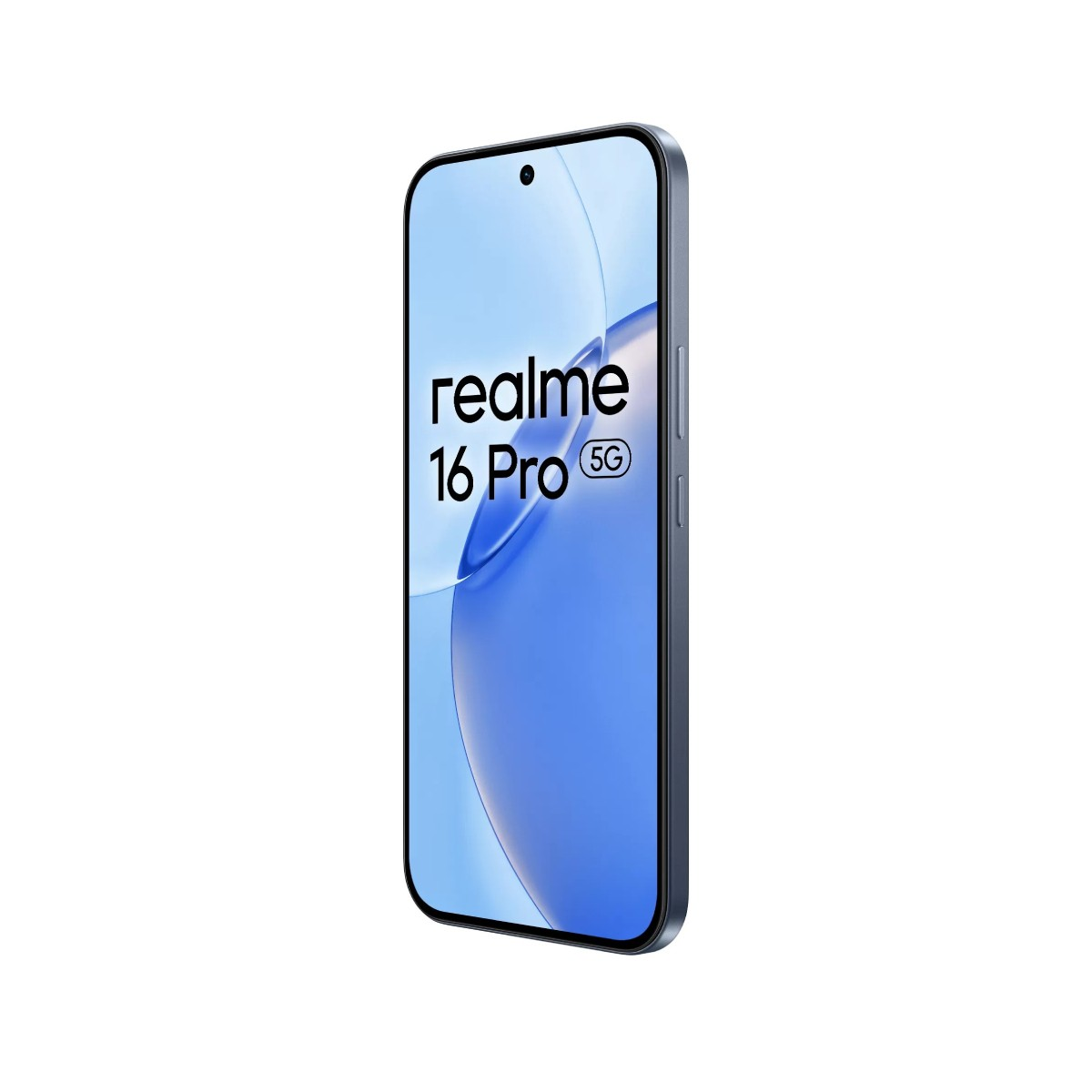 Ciemny smartfon Realme 16 Pro 5G z niebieskim tłem.