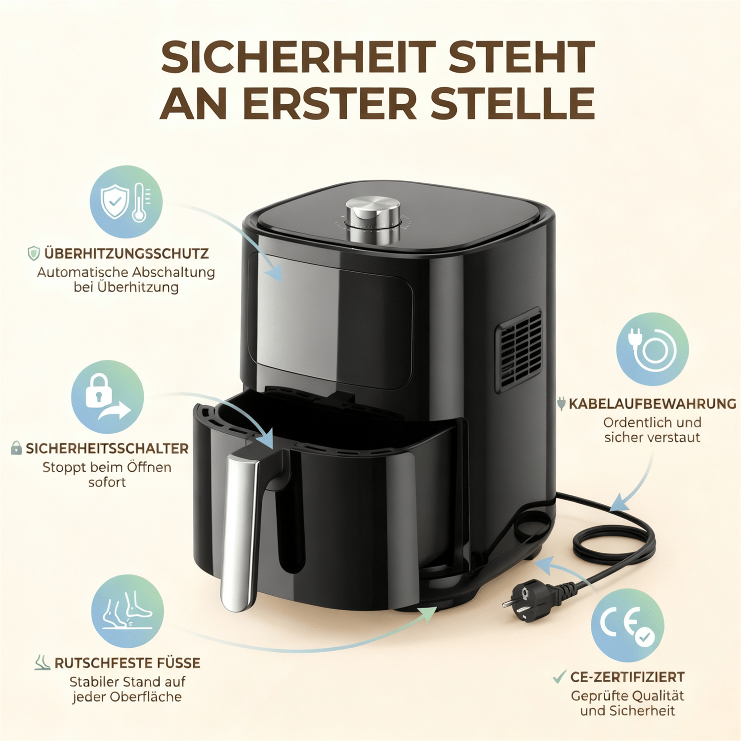 Schwarze Heißluftfritteuse mit Sicherheitshinweisen wie Überhitzungsschutz.