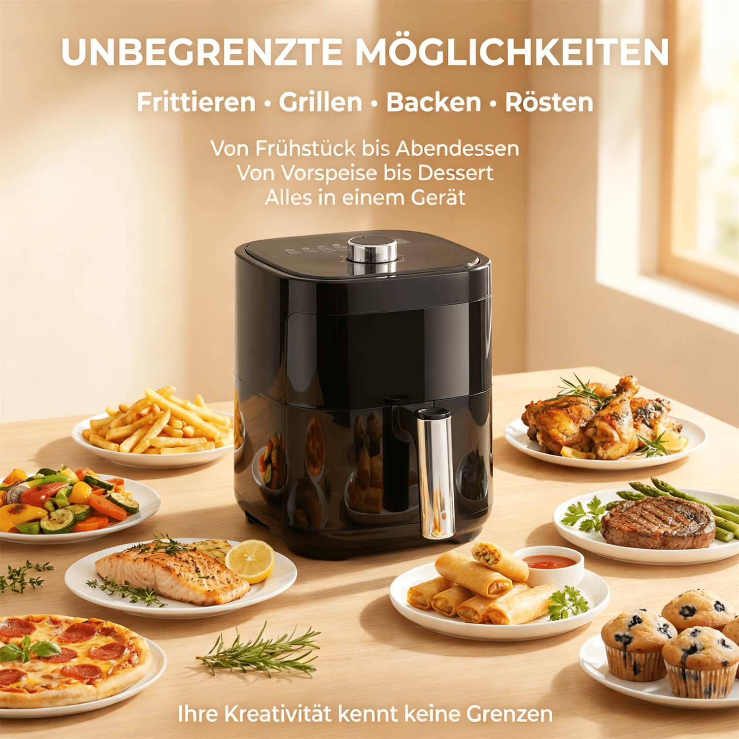 Ein schwarzer Heißluftfritteuse auf einem Holztisch mit vielen Gerichten.