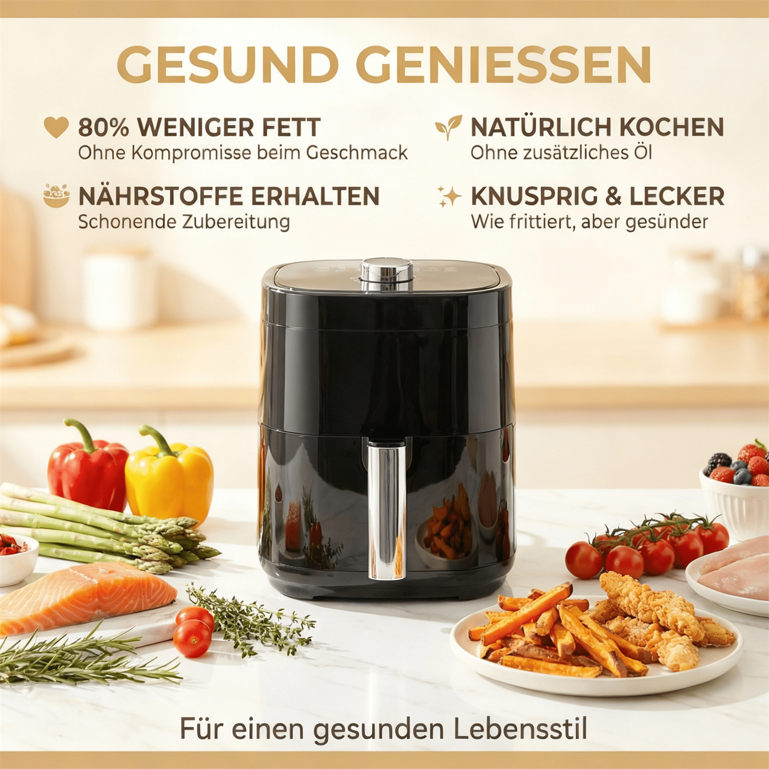 Schwarzer Heißluftfritteuse mit gesunden Lebensmitteln wie Lachs, Gemüse, Hähnchen und Pommes.