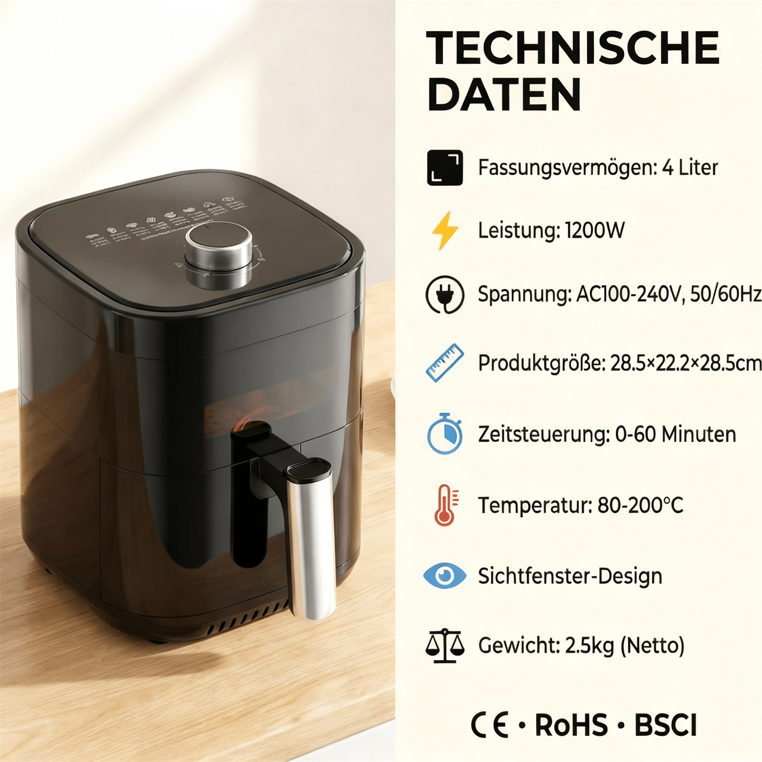 Schwarzer 4L Heißluftfritteuse mit silbernem Griff und Bedienfeld.