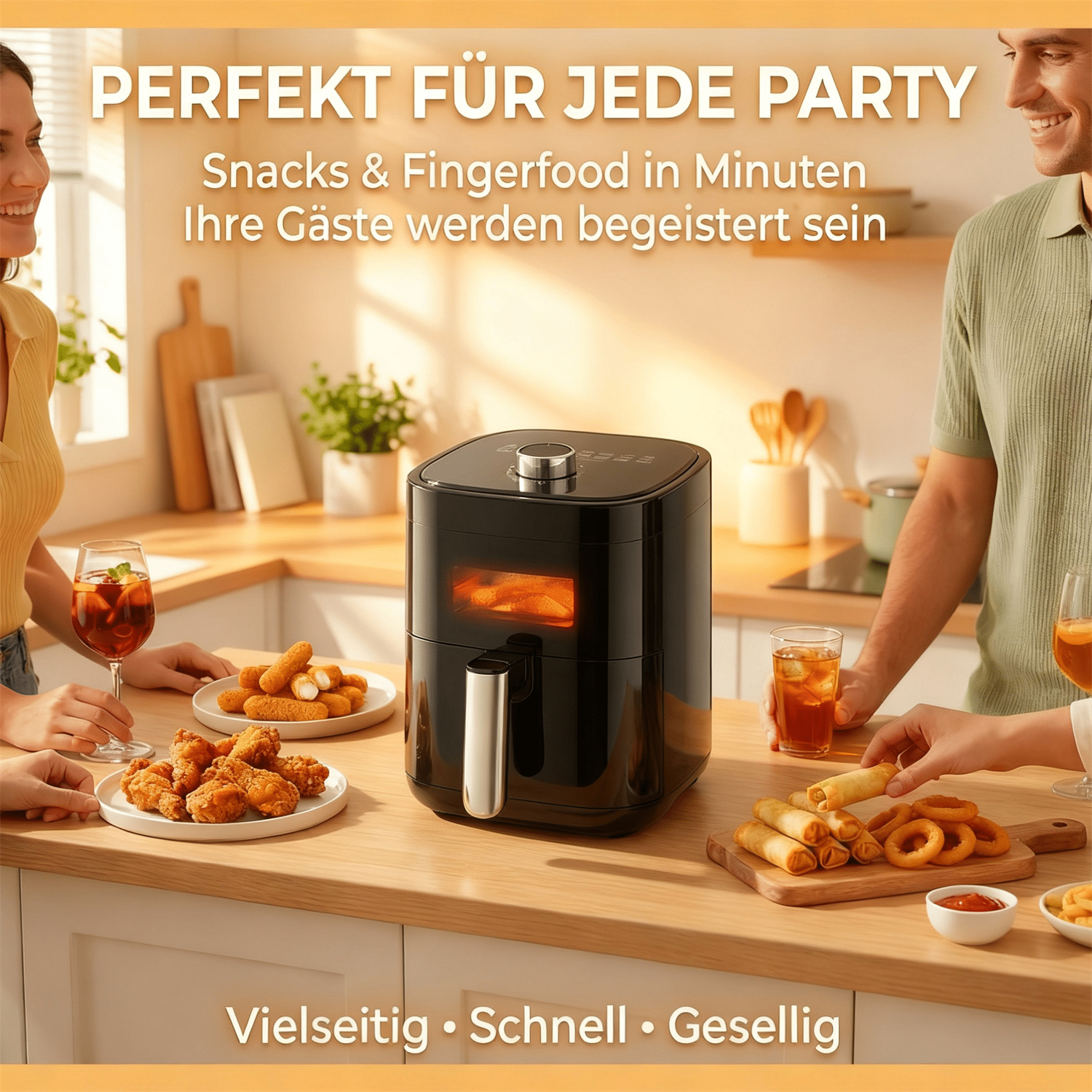 Ein schwarzer Heißluftfritteuse mit Snacks und Personen in einer Küche.
