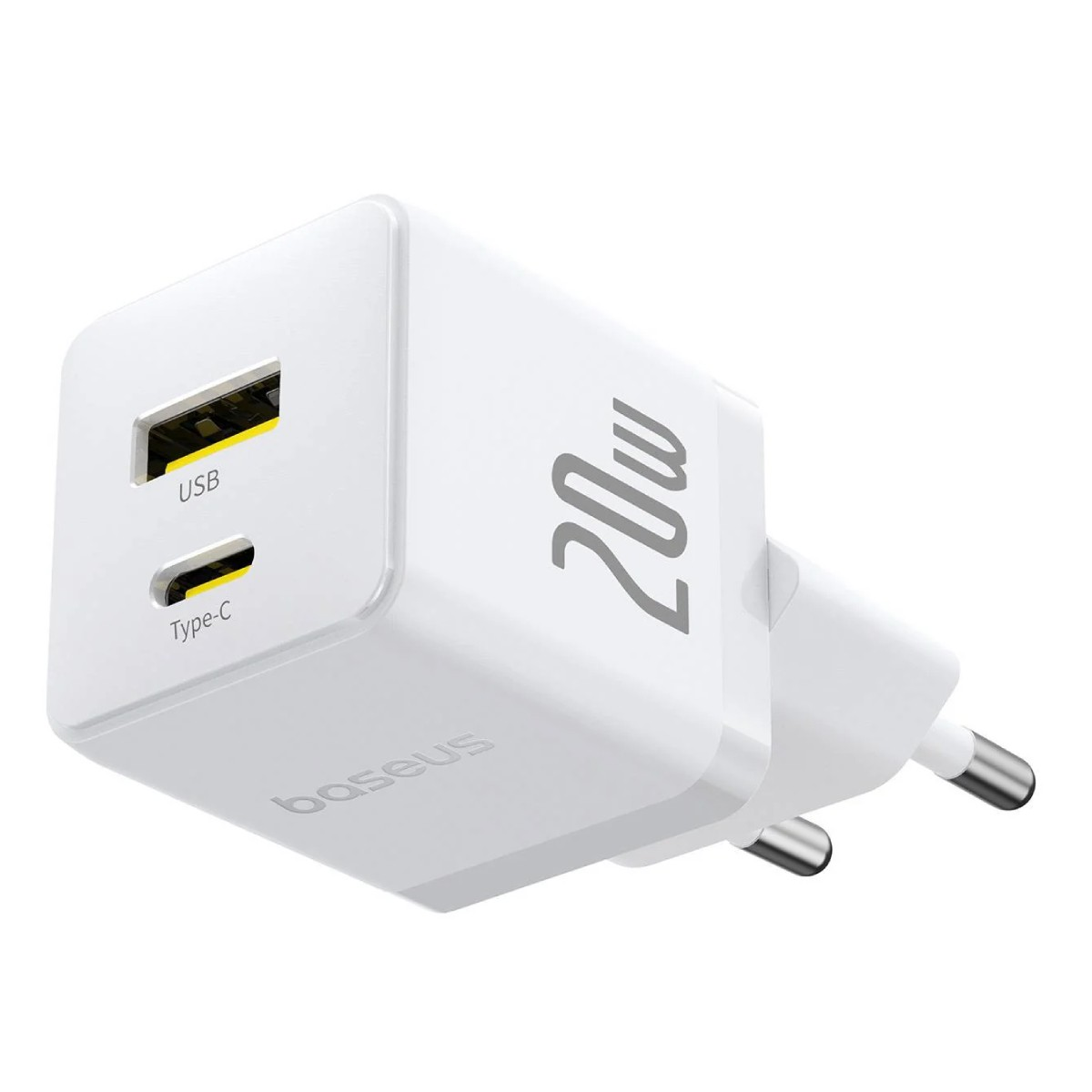 Un caricatore bianco USB-C da 20W con una porta USB-A e una porta USB-C.