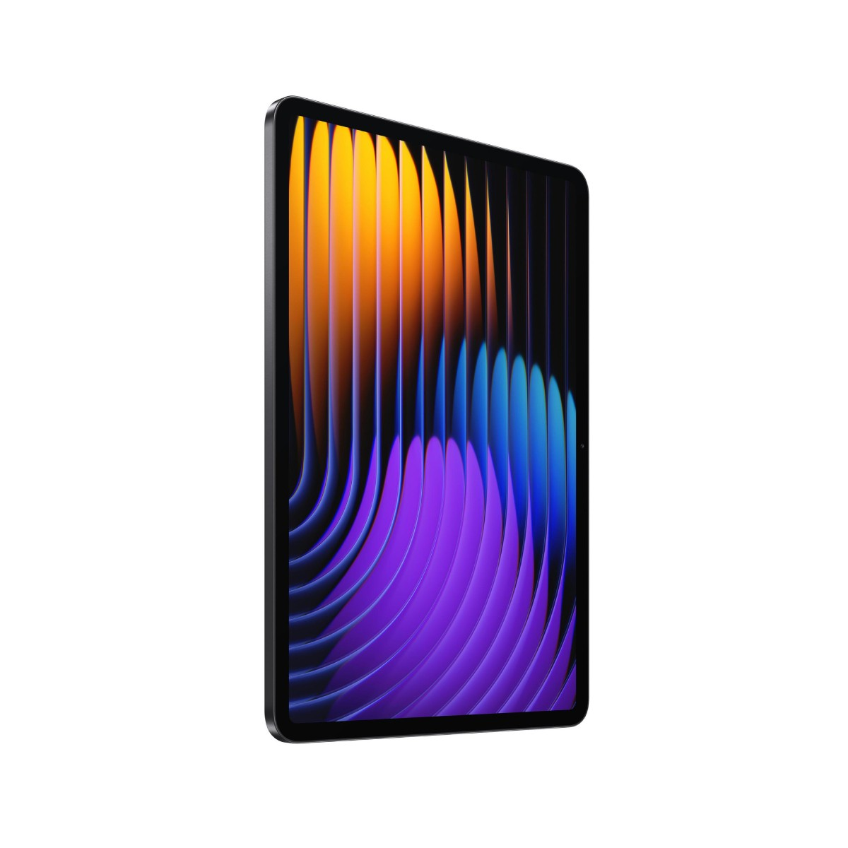 Ein Tablet mit einem abstrakten Hintergrund in Orange-, Blau- und Lilatönen.