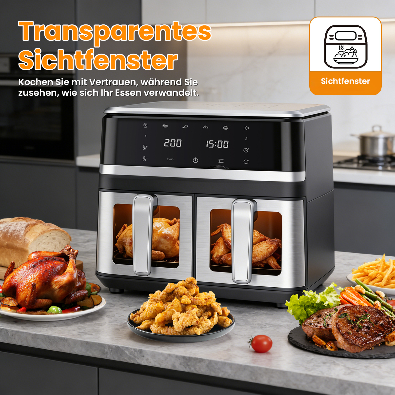 Doppel-Heißluftfritteuse mit zwei Kammern, gefüllt mit Hähnchen und Flügeln.