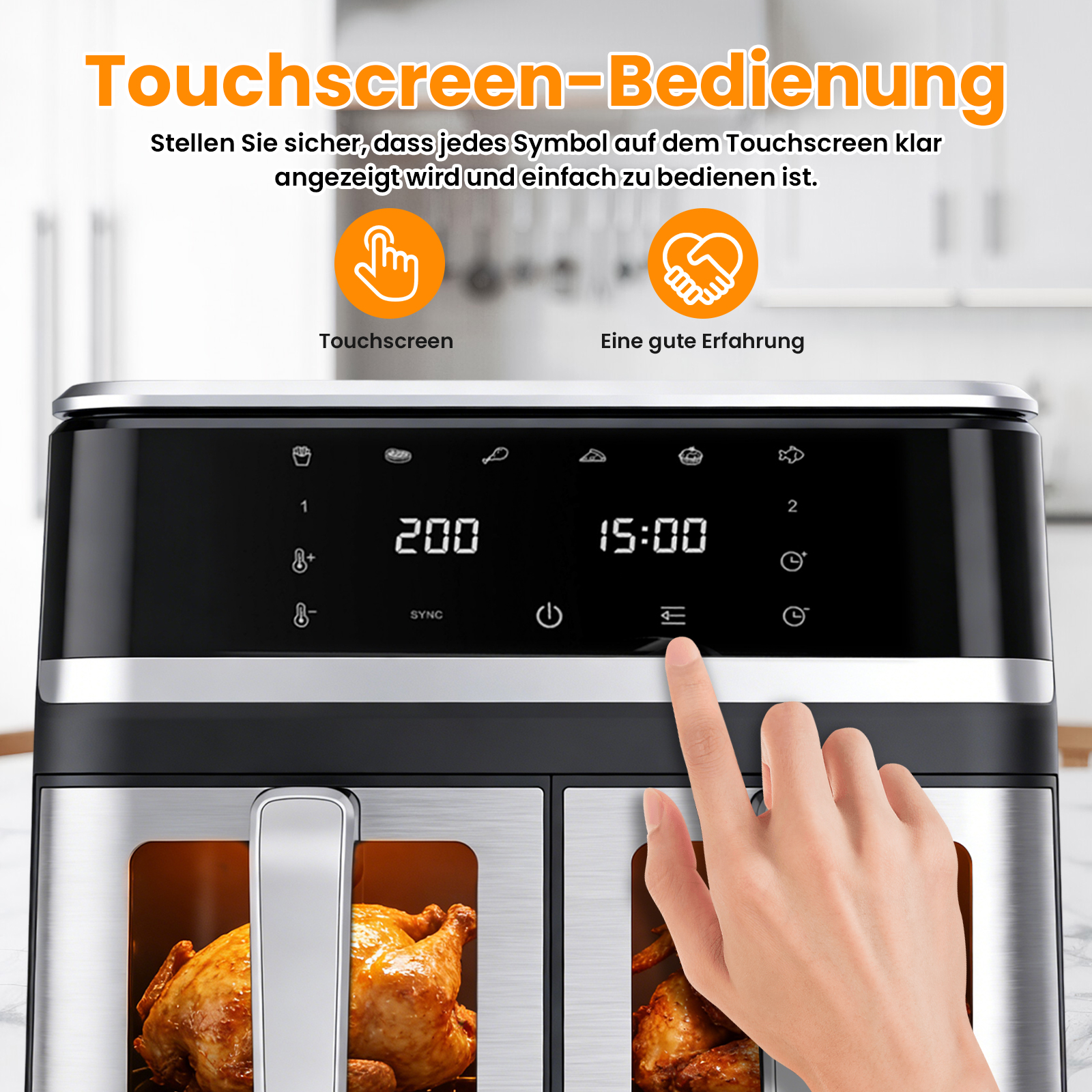 Ein Finger berührt den Bildschirm eines Ofens mit zwei Fächern, in denen Hähnchen braten.