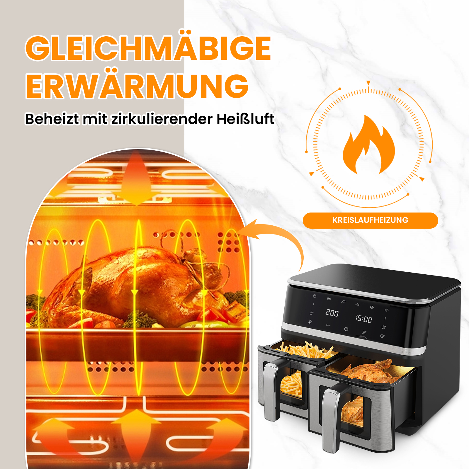 Doppel-Heißluftfritteuse mit Brathähnchen und Pommes, zeigt gleichmäßige Erwärmung.