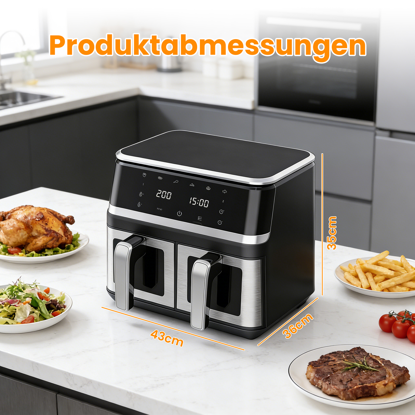 Doppel-Heißluftfritteuse mit Hähnchen, Salat, Steak und Pommes