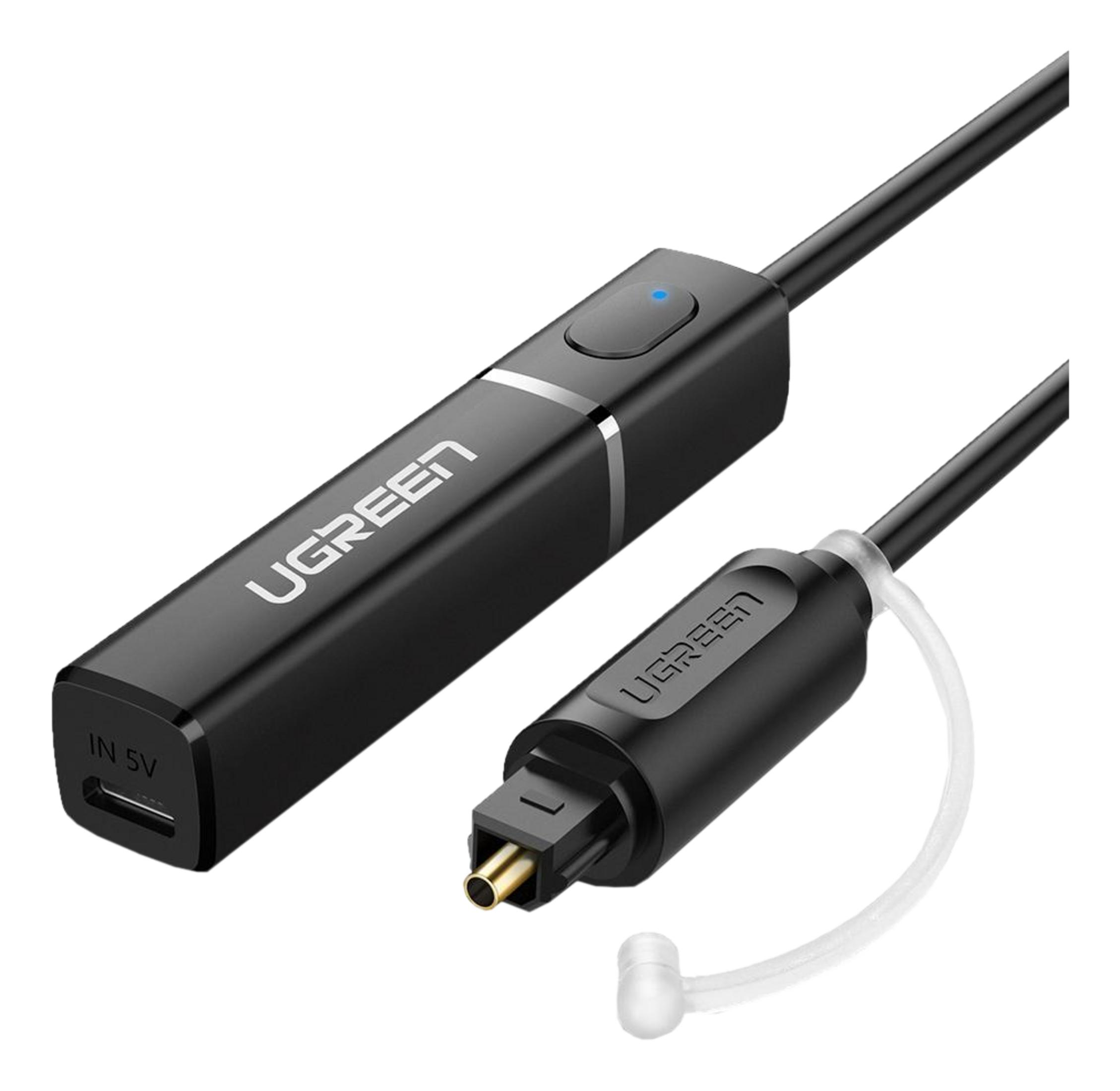 UGREEN siyah adaptör, USB-C ve TOSLINK konektörlü, mavi LED'li.