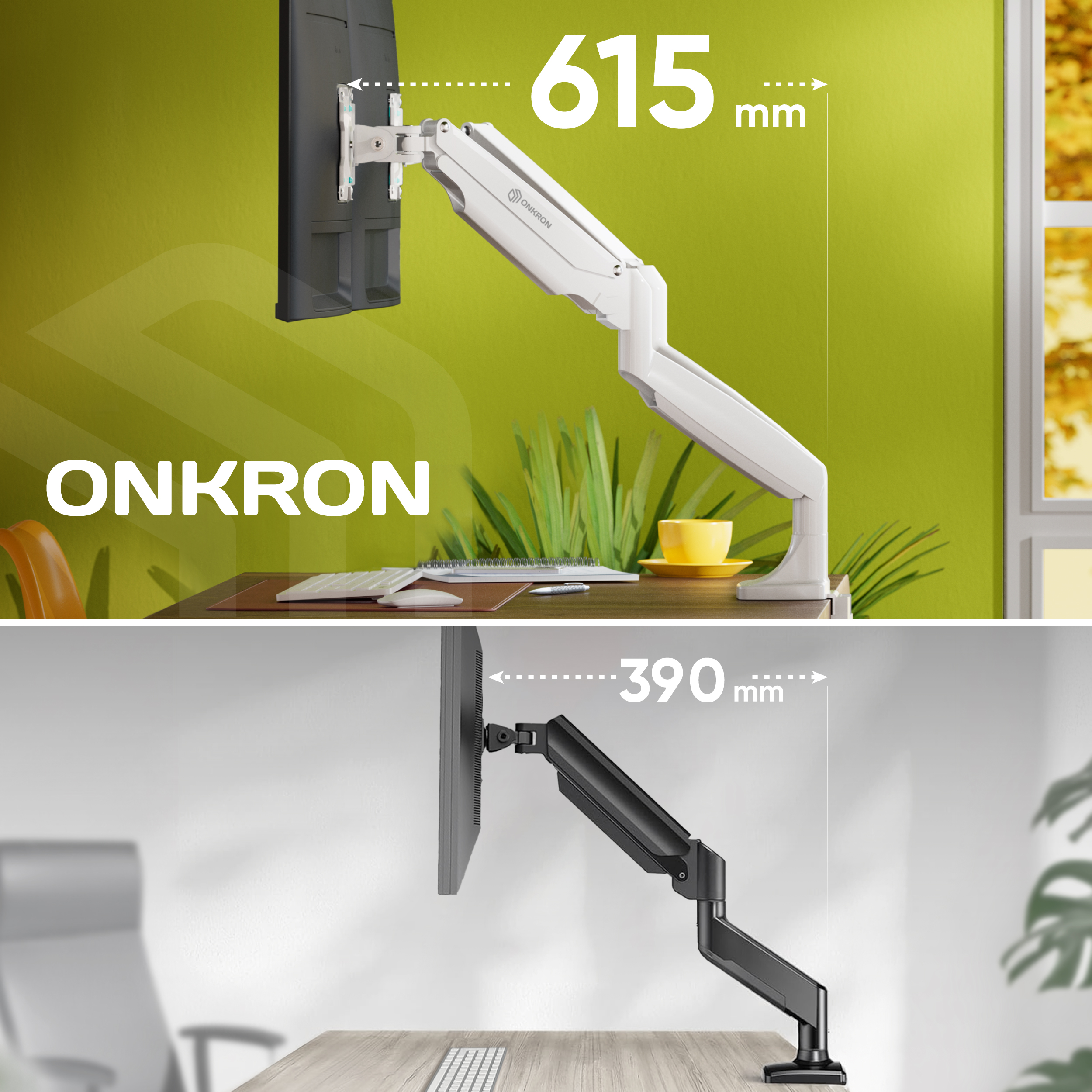 Ein weißer Monitorarm mit 615mm Reichweite über einem Schreibtisch.