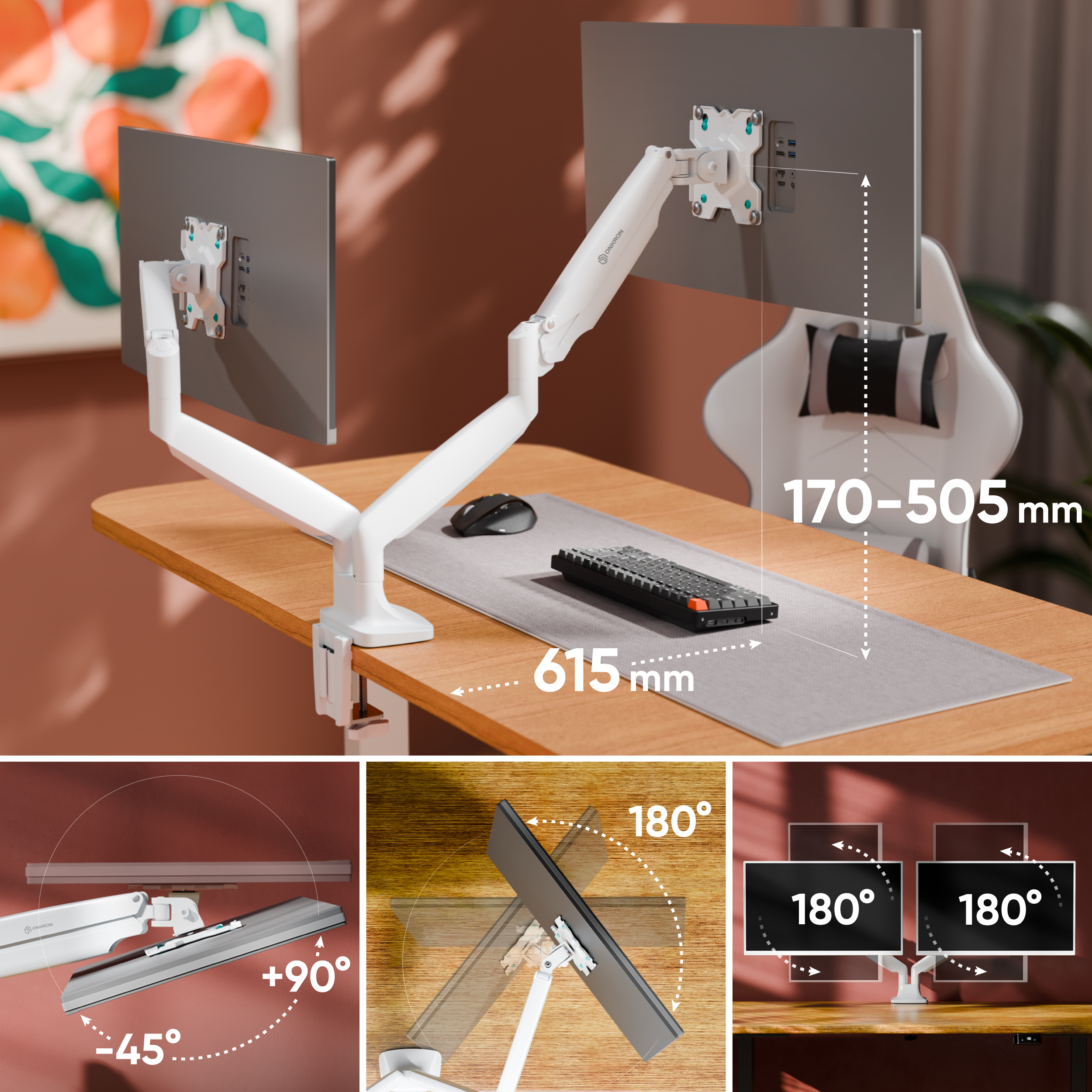 Zwei weiße Monitorarme auf einem Schreibtisch mit zwei Monitoren.