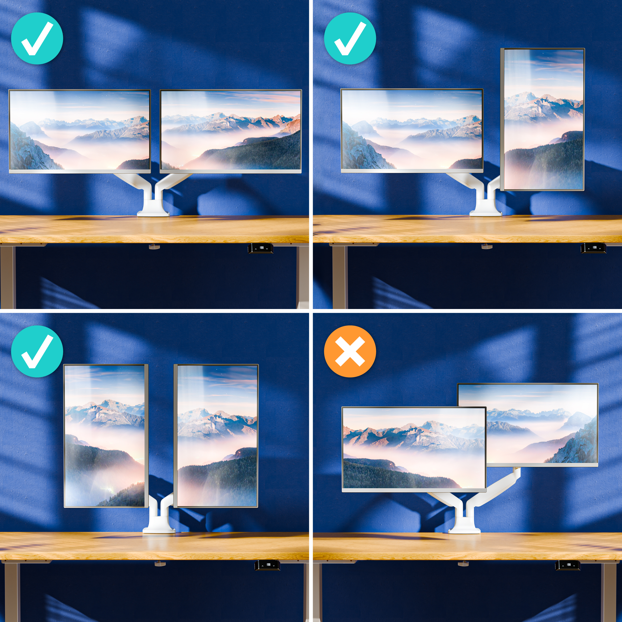 Vier Monitore auf einem Schreibtisch: Zwei nebeneinander, zwei übereinander, zwei nebeneinander mit X.