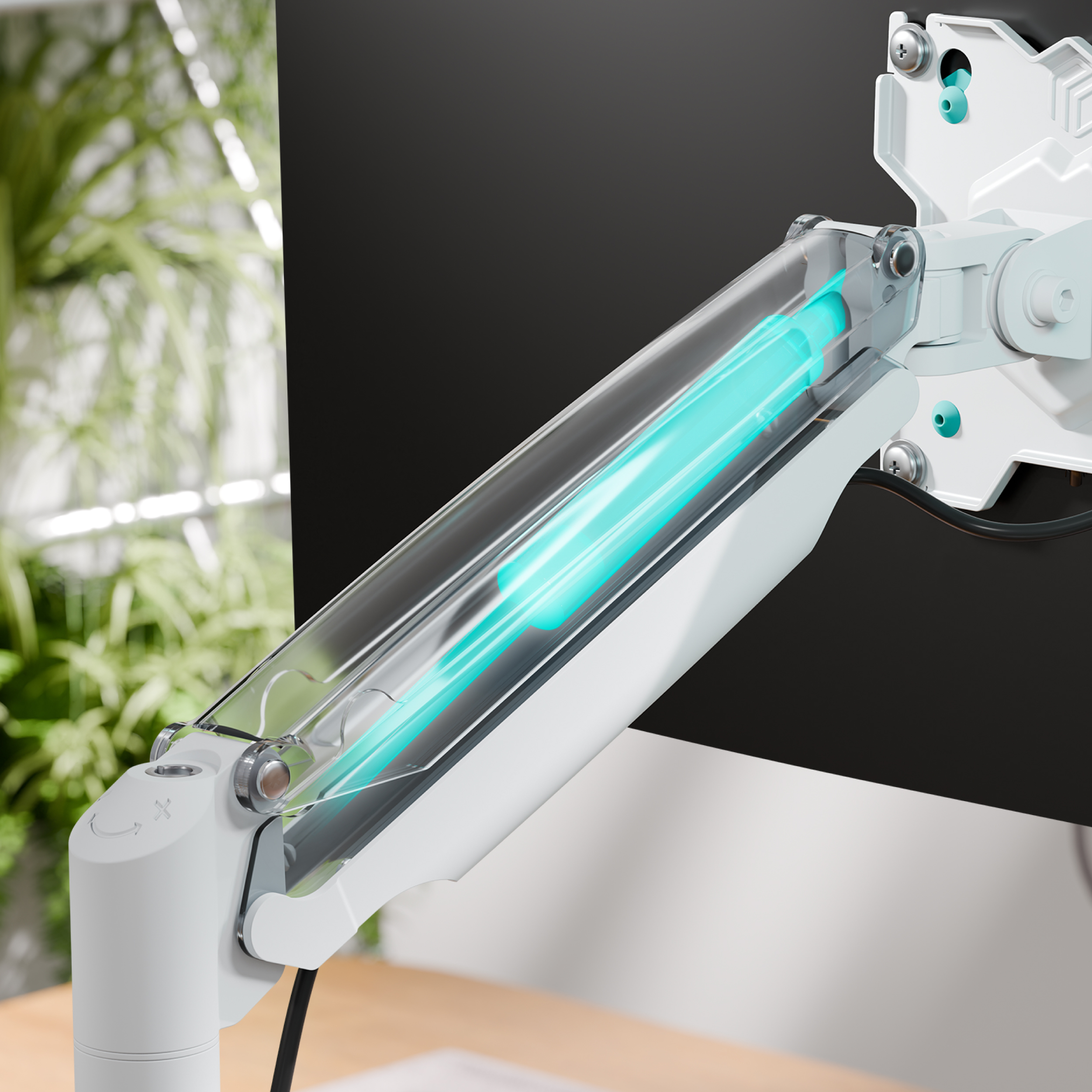 Ein weißer Monitorarm mit leuchtend blauem Rohr vor einem grünen Hintergrund.