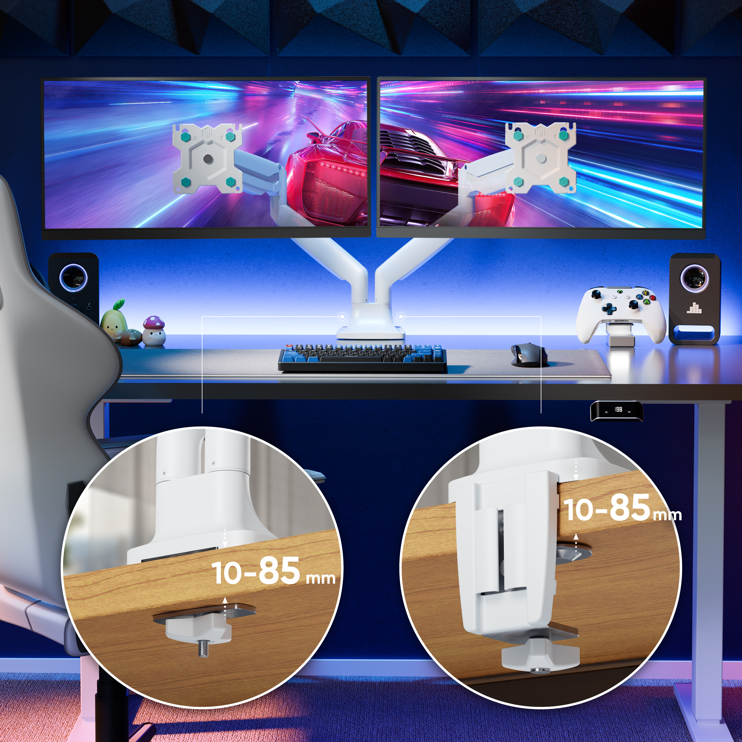 Doppelmonitor-Setup mit Rennwagen-Hintergrund und detaillierten Klemmen.