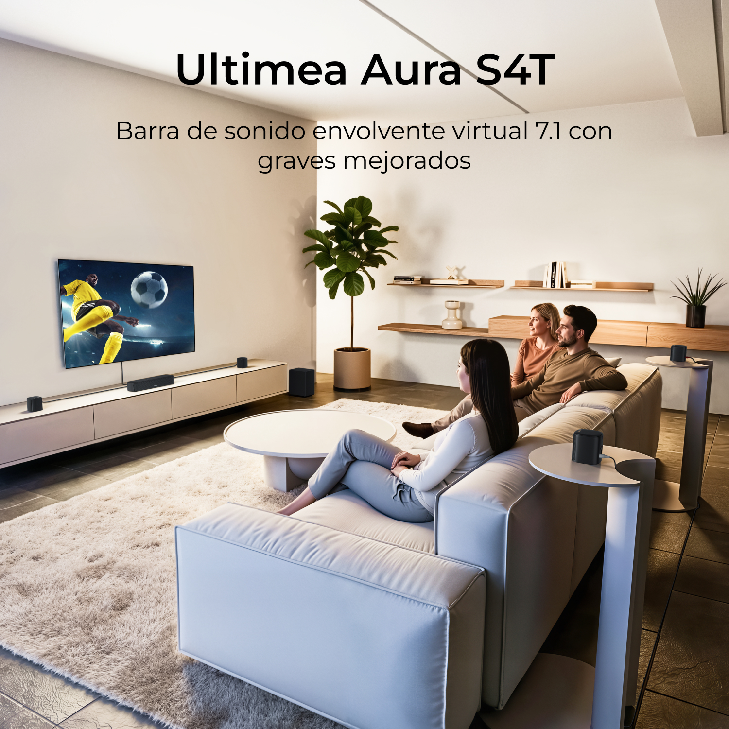 Personas relajadas en un sofá viendo la televisión. Se muestra un partido de fútbol.