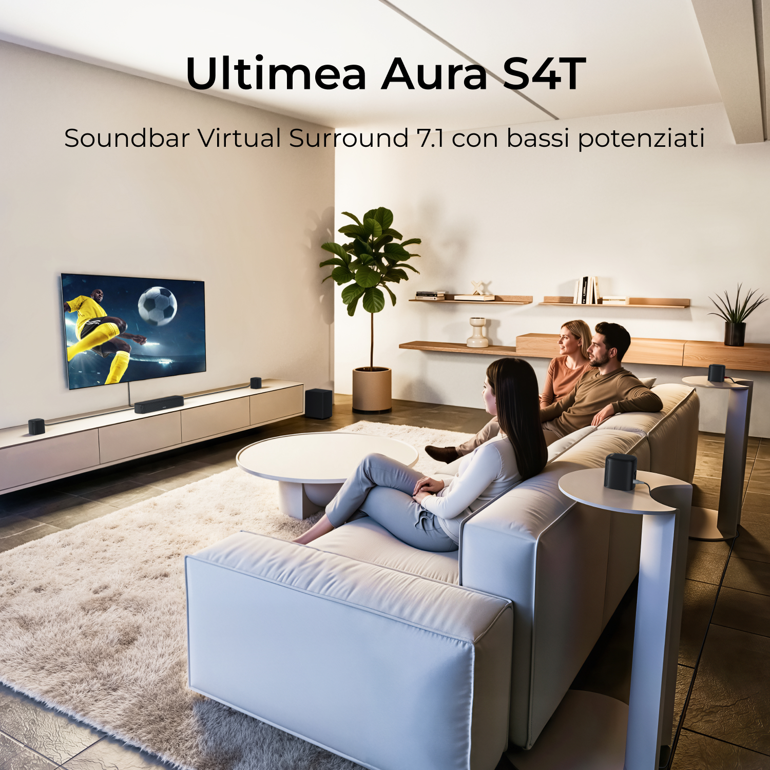 Persone guardano la TV in un soggiorno moderno con soundbar e altoparlanti surround.