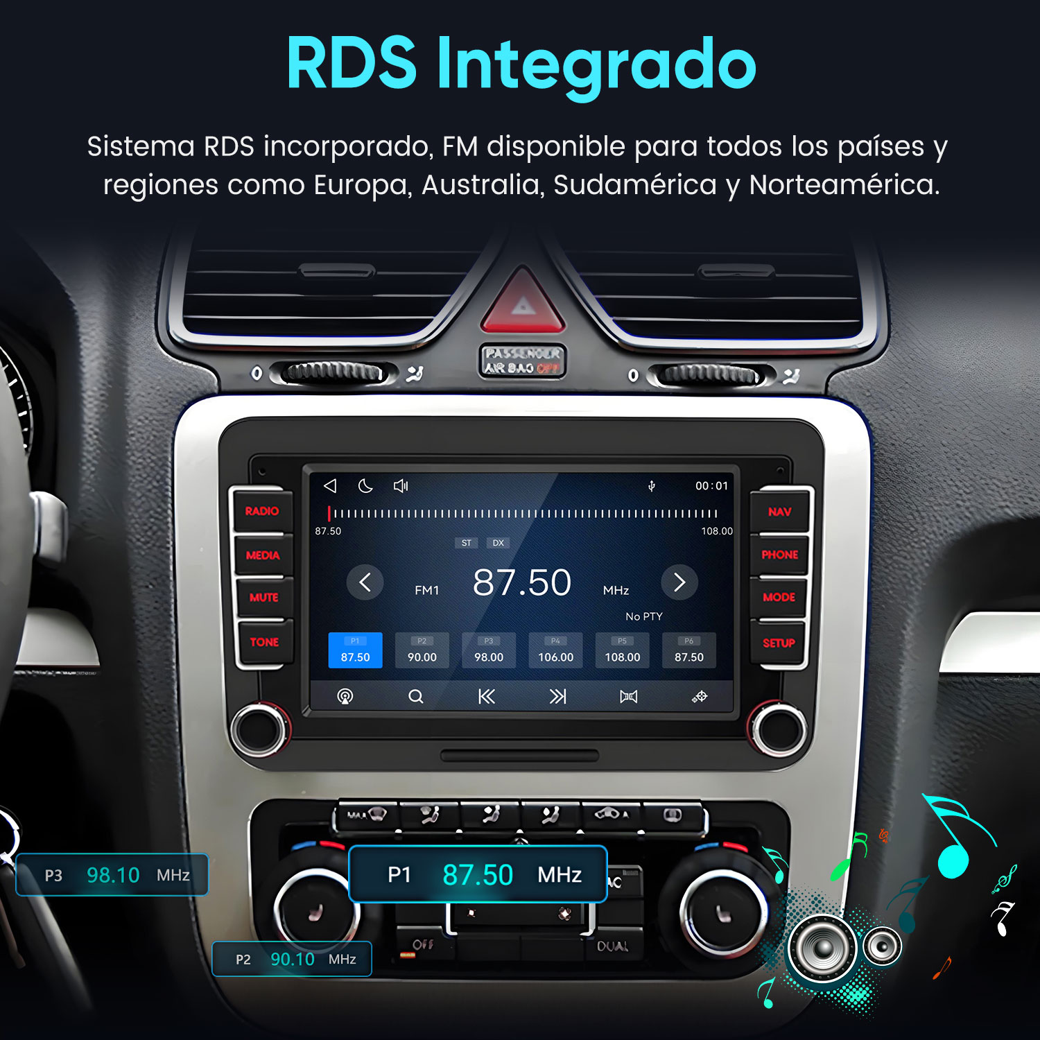 Salpicadero de coche con sistema de infoentretenimiento. La pantalla muestra frecuencias de radio.