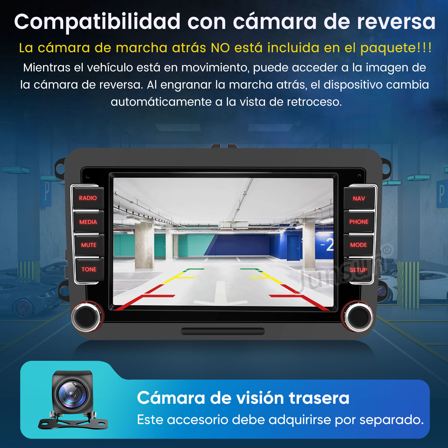 Pantalla de coche muestra vista de garaje desde cámara trasera.