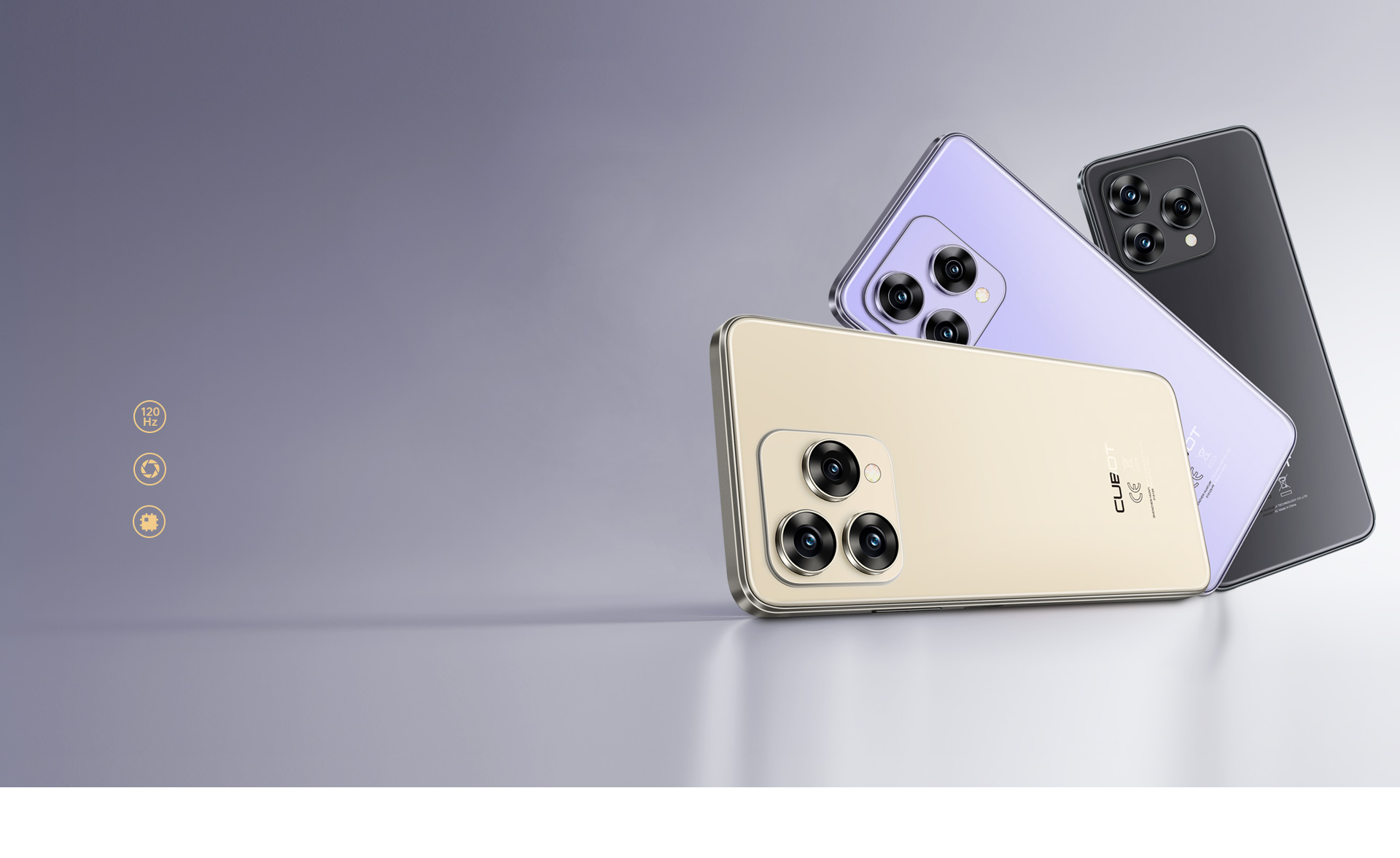 Trzy smartfony w kolorze złotym, fioletowym i czarnym, pokazujące tylne moduły aparatu.