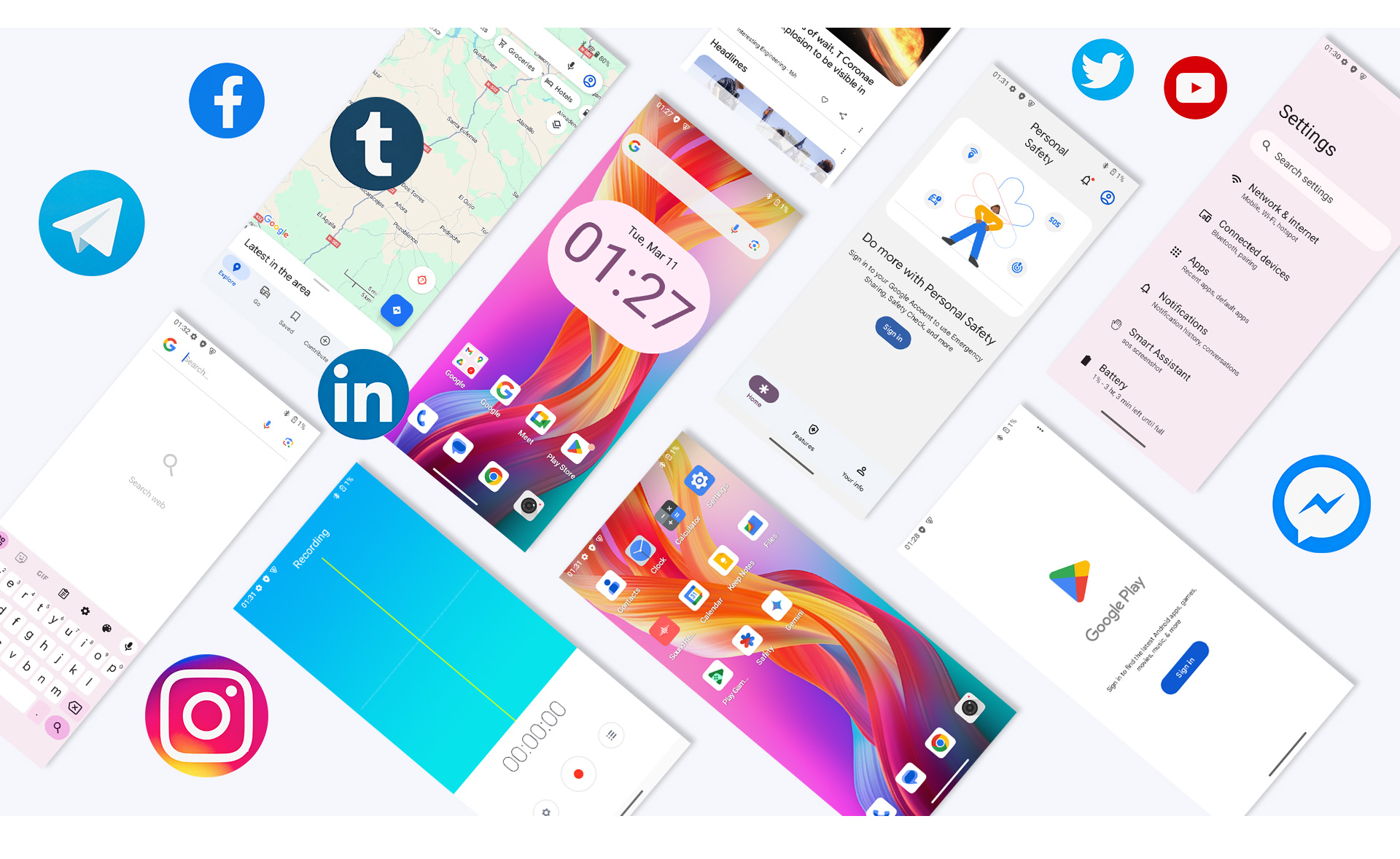 Wiele ekranów smartfonów z ikonami aplikacji i logo mediów społecznościowych.
