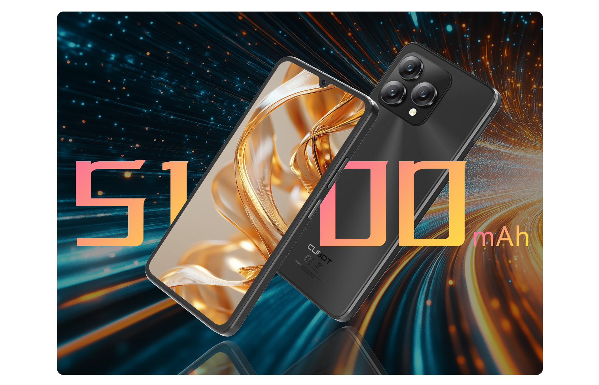 Czarny smartfon z baterią 5100 mAh na abstrakcyjnym tle.