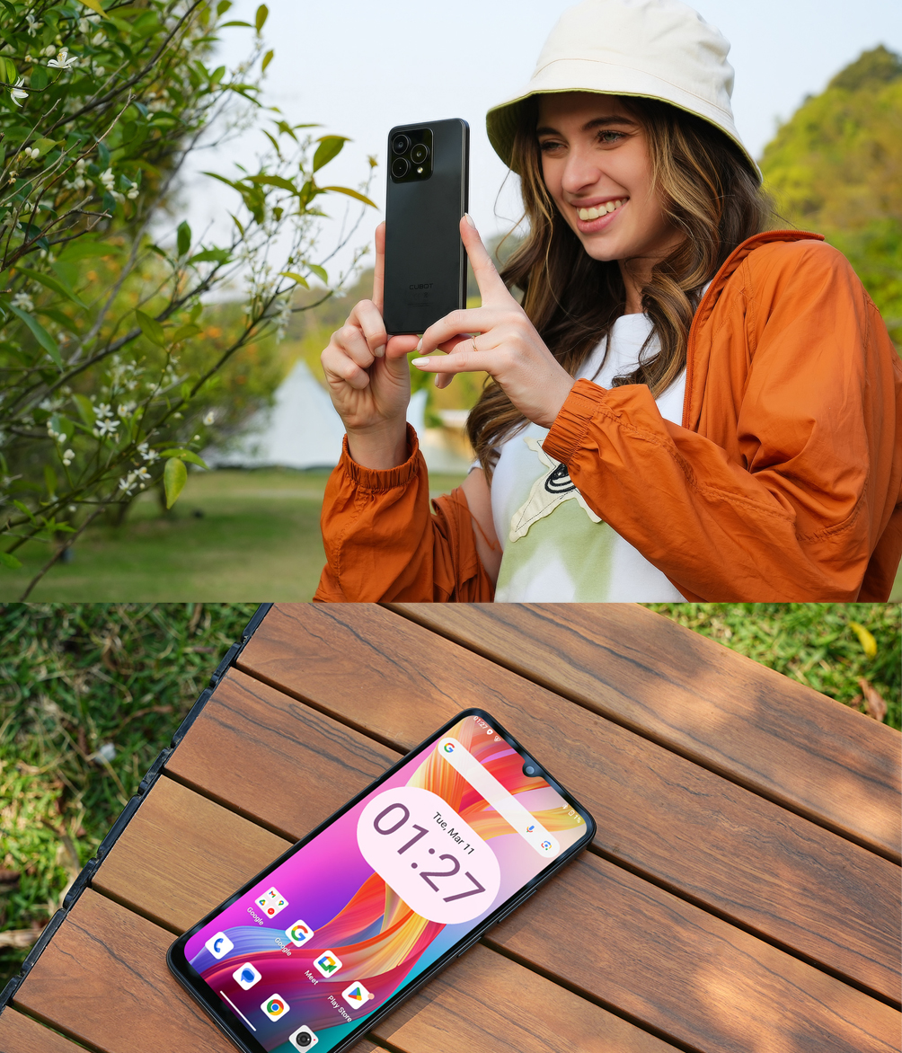 Kobieta w kapeluszu typu bucket hat robi zdjęcie czarnym smartfonem na zewnątrz.