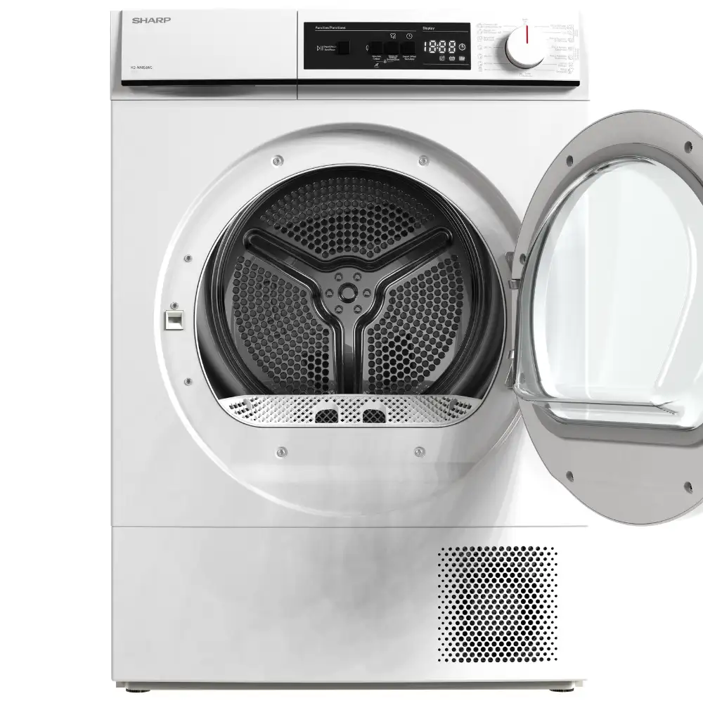 White Sharp washing machine with open door, drum visible.