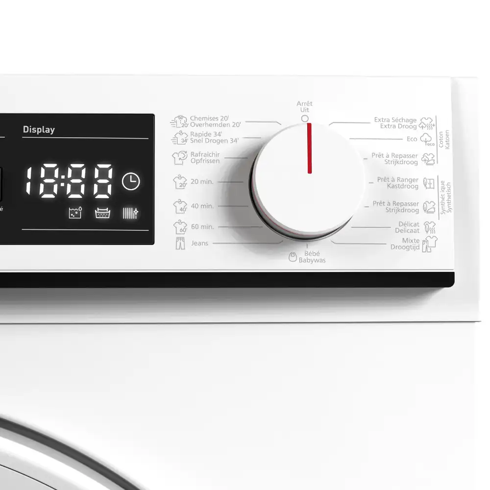 A white washing machine control panel with a digital display and a rotary dial.