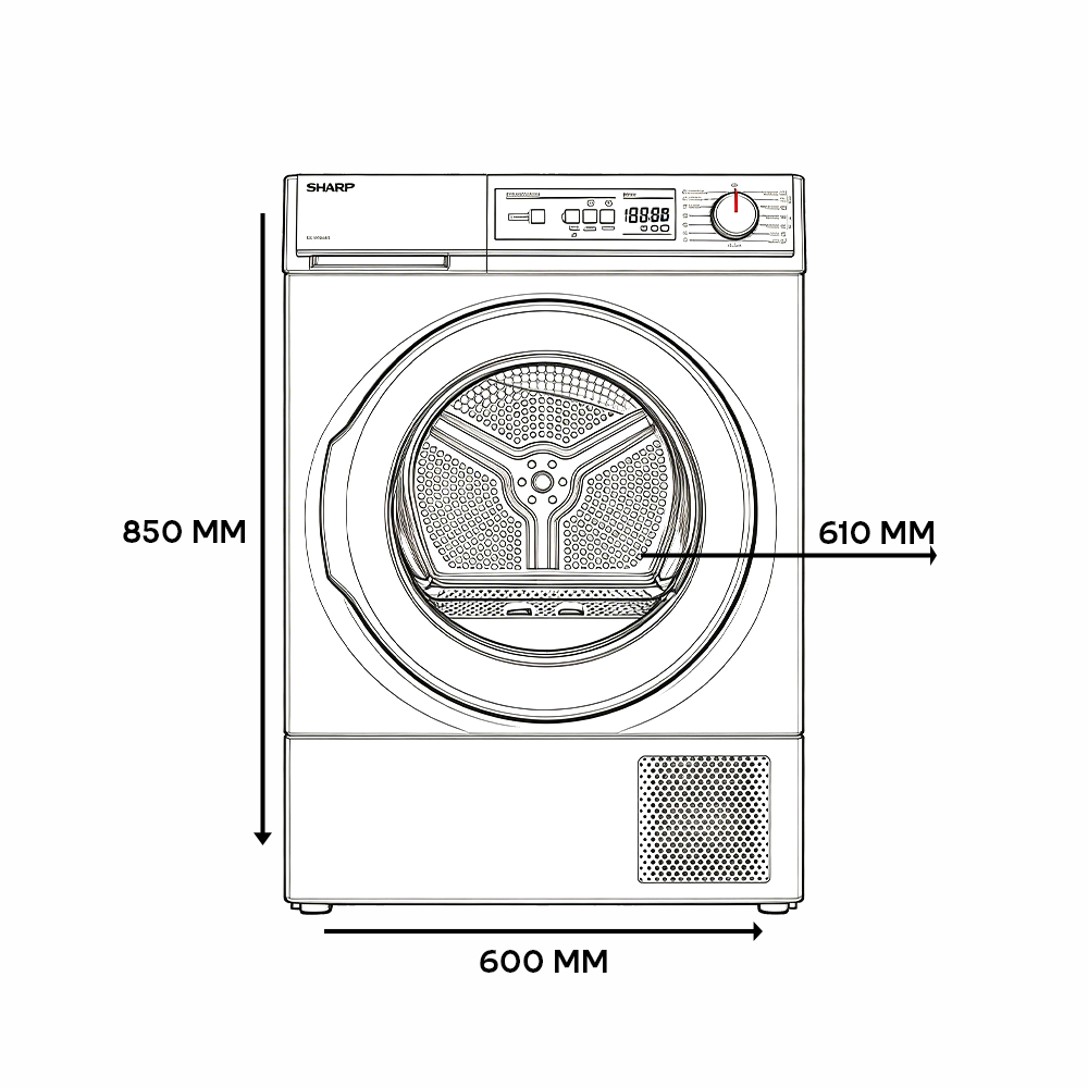 Front view of a white Sharp clothes dryer with dimensions shown.