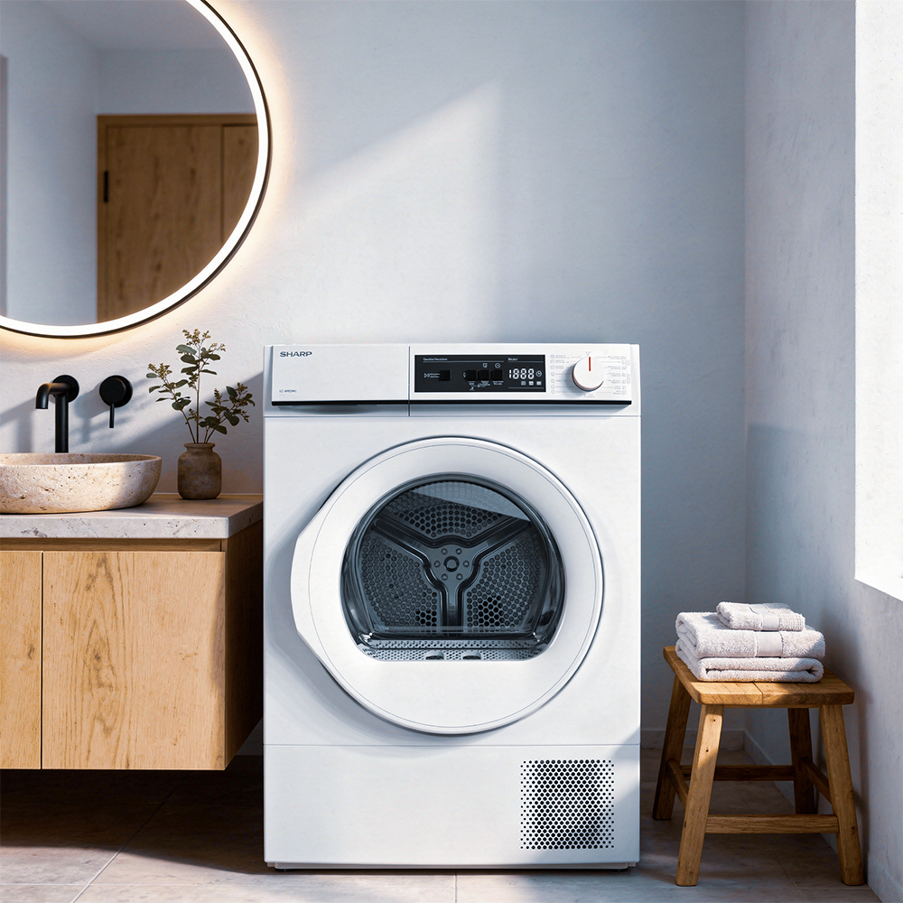 A white Sharp dryer in a modern bathroom with a round mirror, wooden vanity, and stone sink.