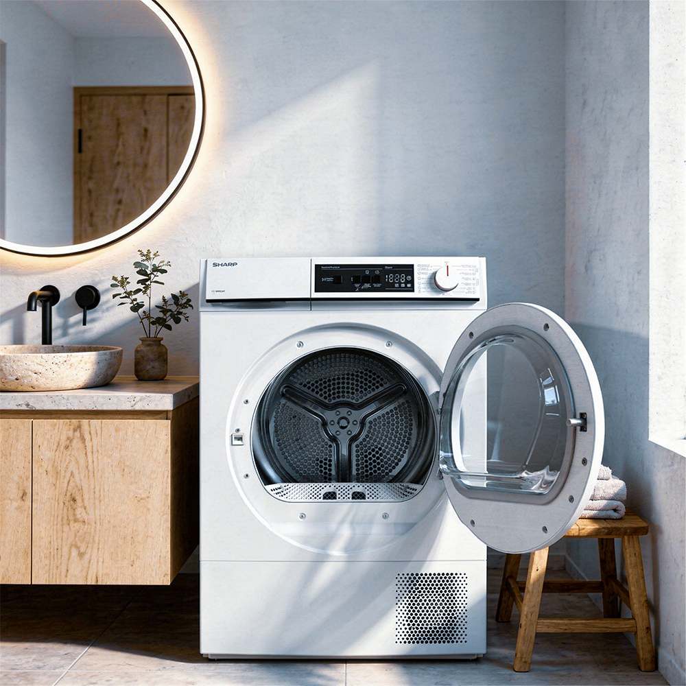 White dryer with open door, next to sink and illuminated mirror in bathroom.