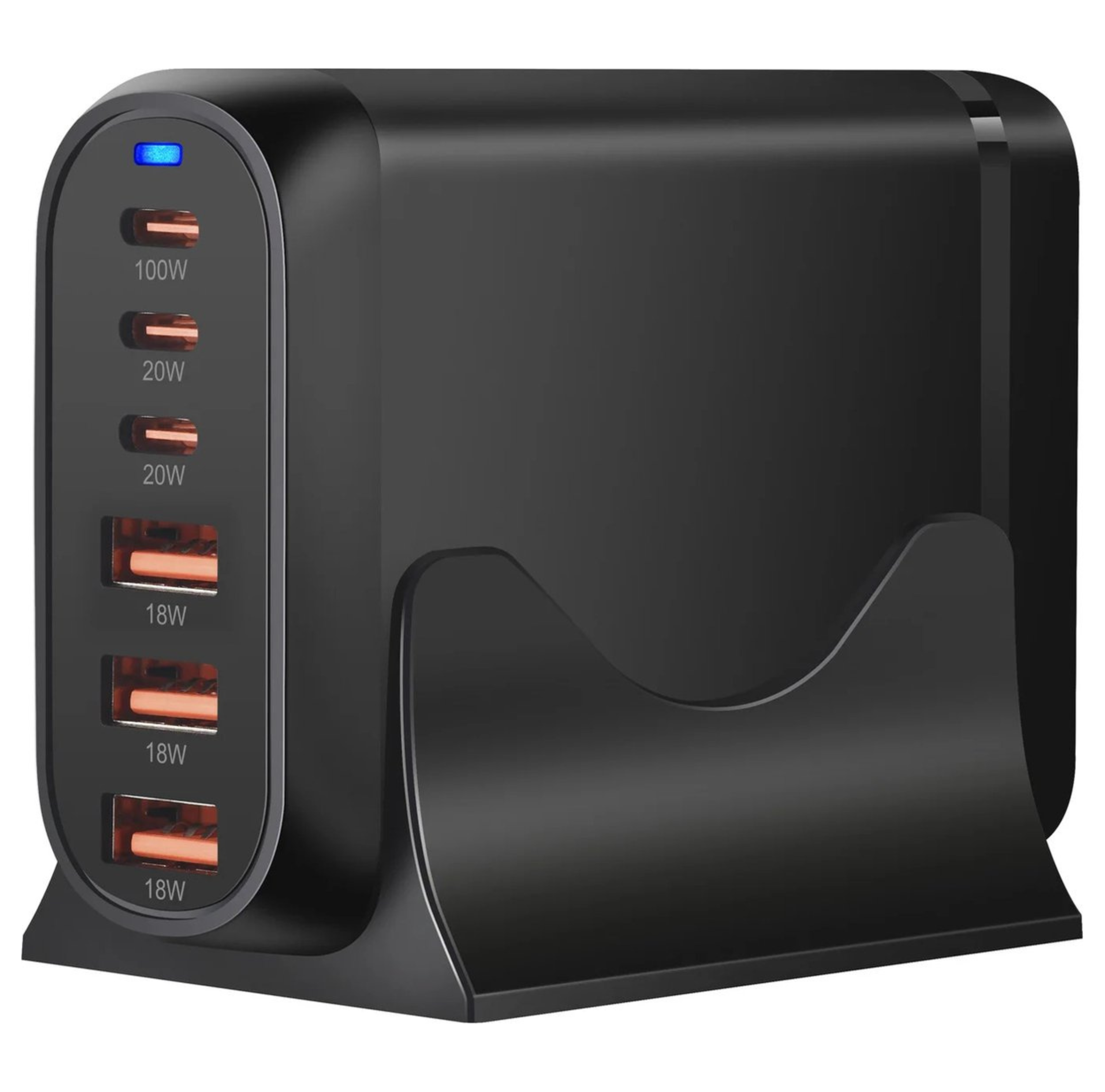 Zwarte multi-poort USB-oplader, 100W, 20W, 18W. Blauwe indicator.
