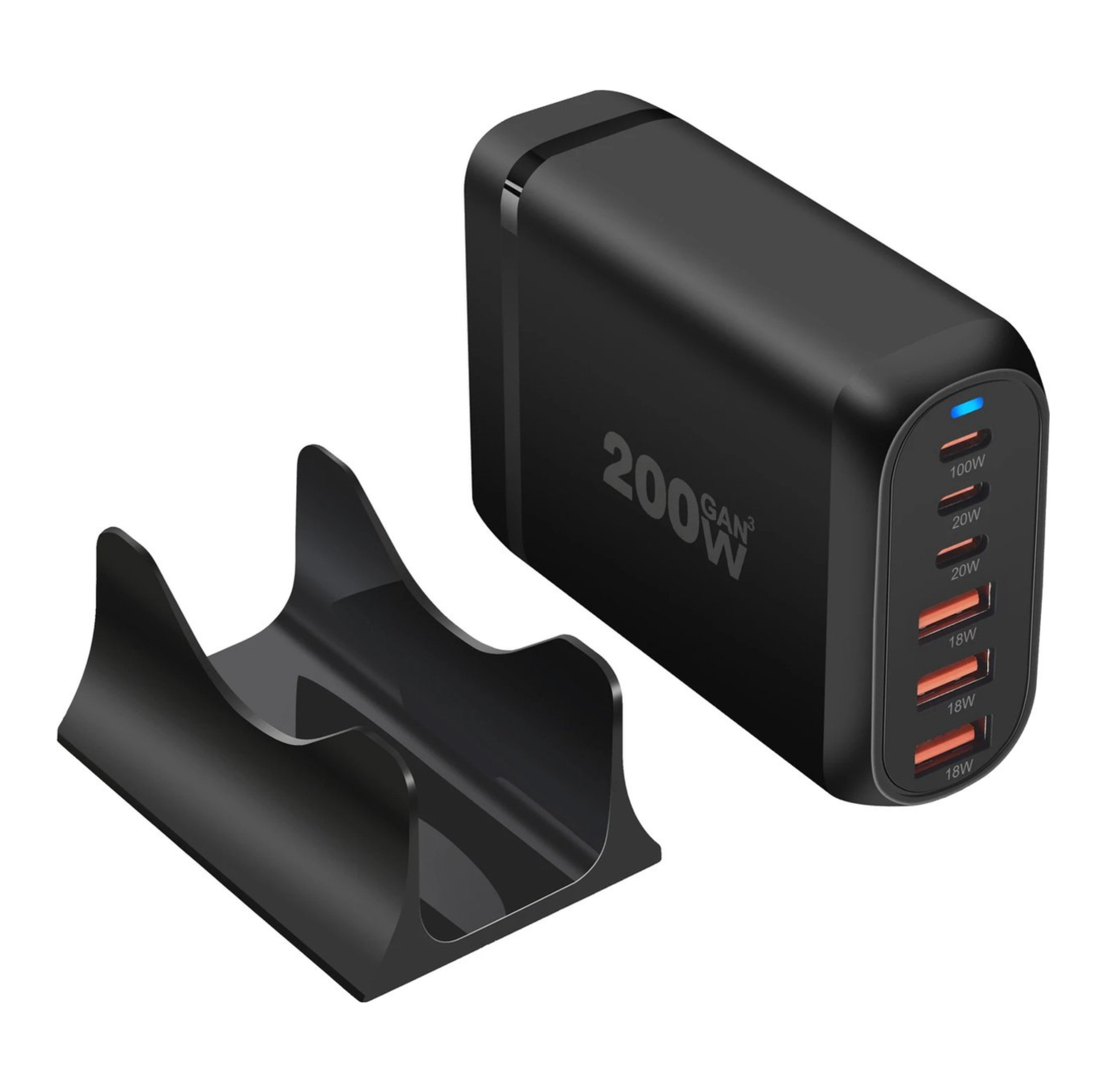 Zwarte 200W GaN-oplader met standaard, met meerdere USB-poorten.