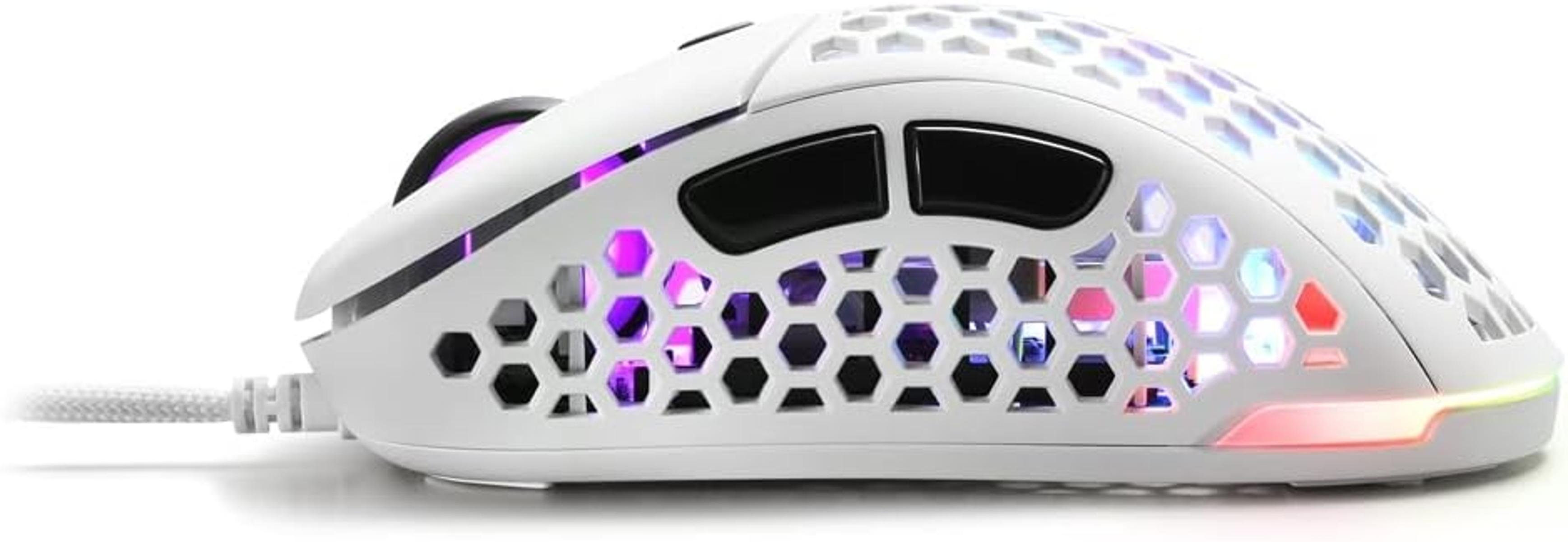 White gaming mouse with honeycomb design and RGB lighting.
