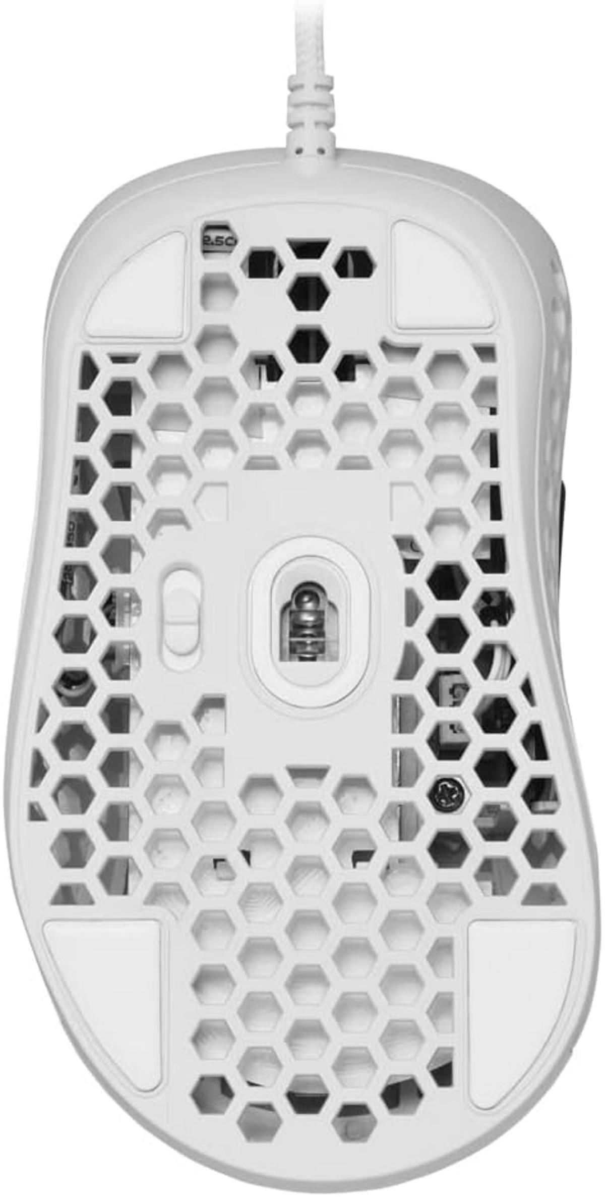 Underside of a white gaming mouse with honeycomb pattern and scroll wheel.