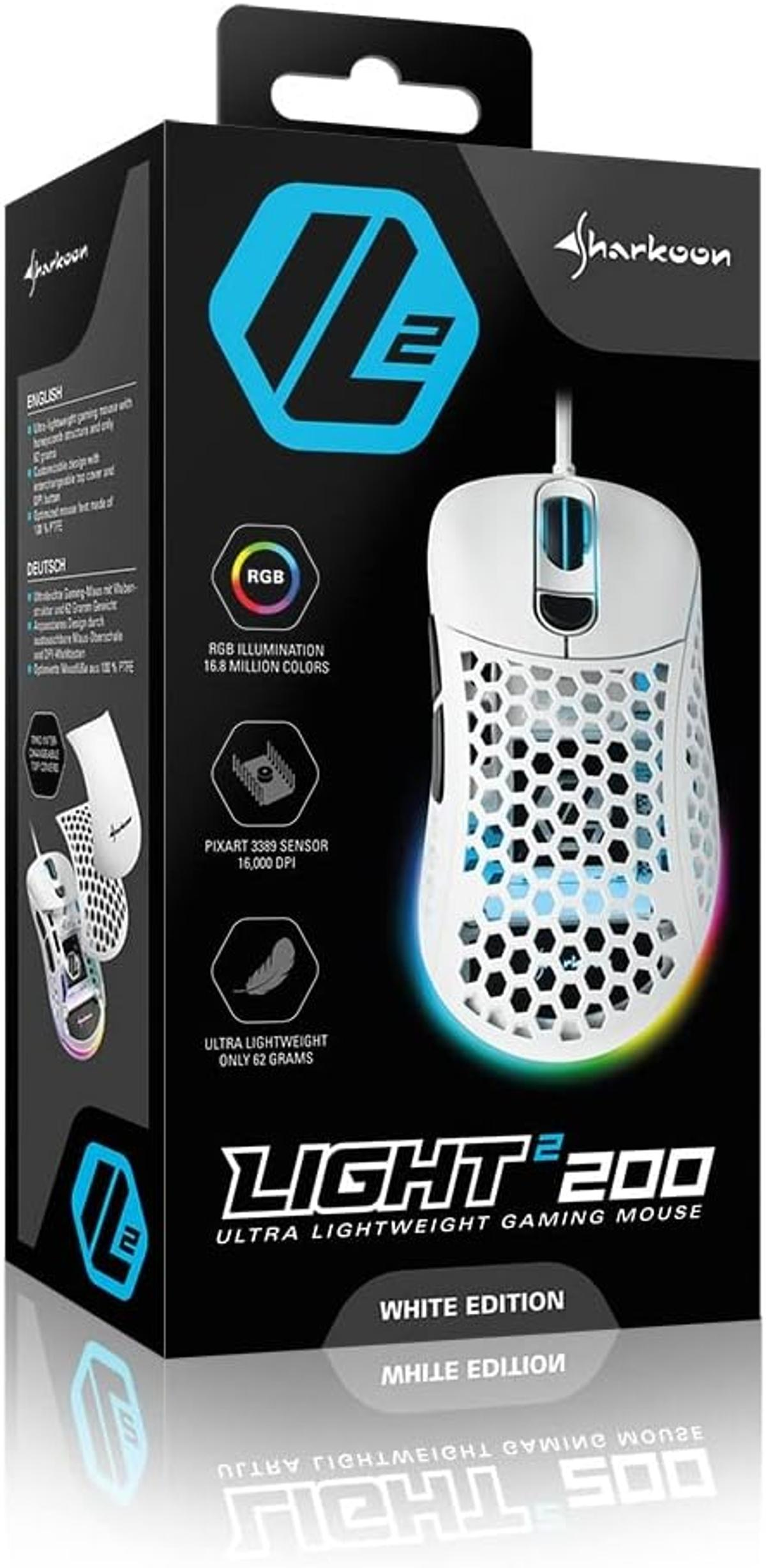 White Sharkoon Light2 200 gaming mouse packaging with RGB illumination.
