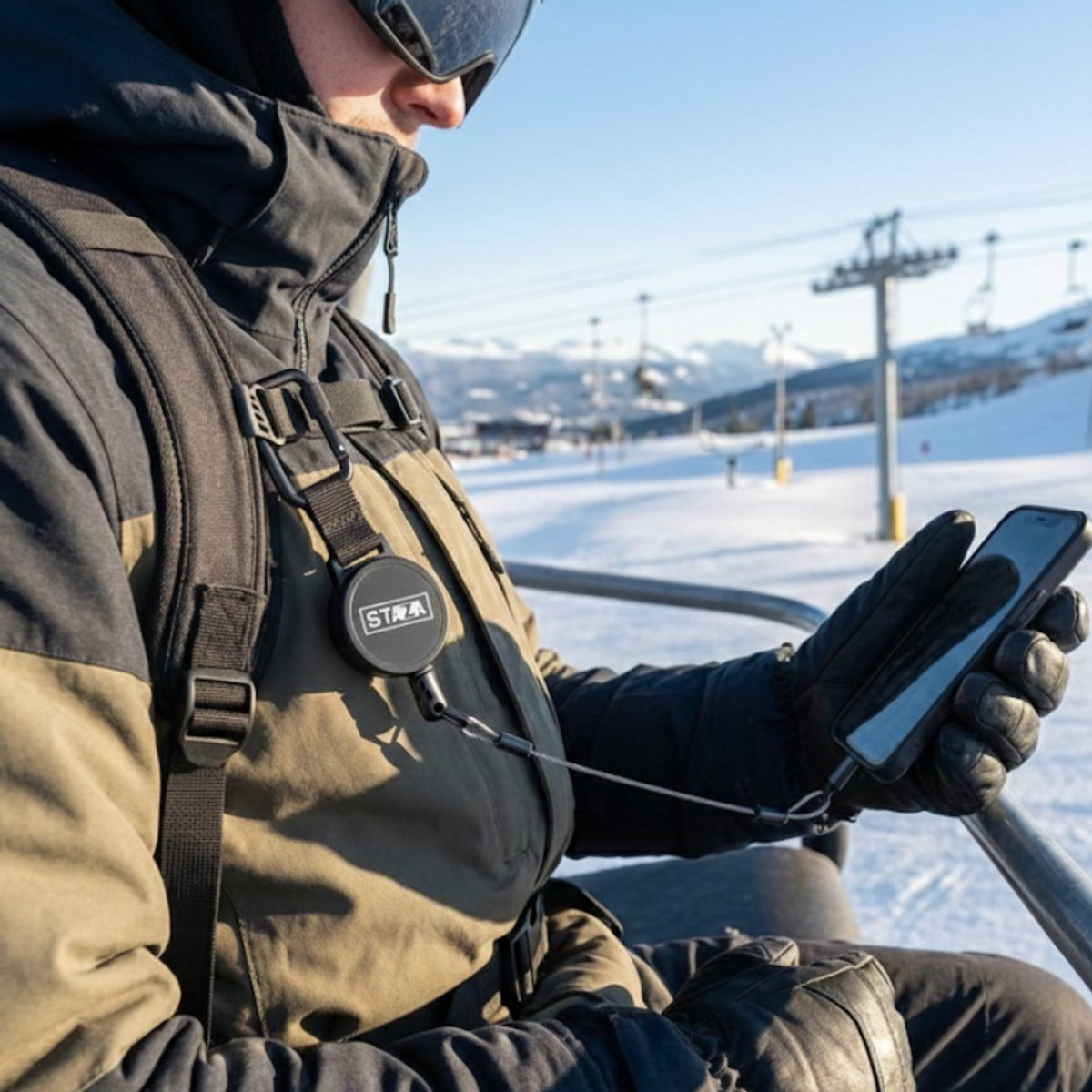 Skiër gebruikt telefoon op skilift. Bergen en skilift op achtergrond.